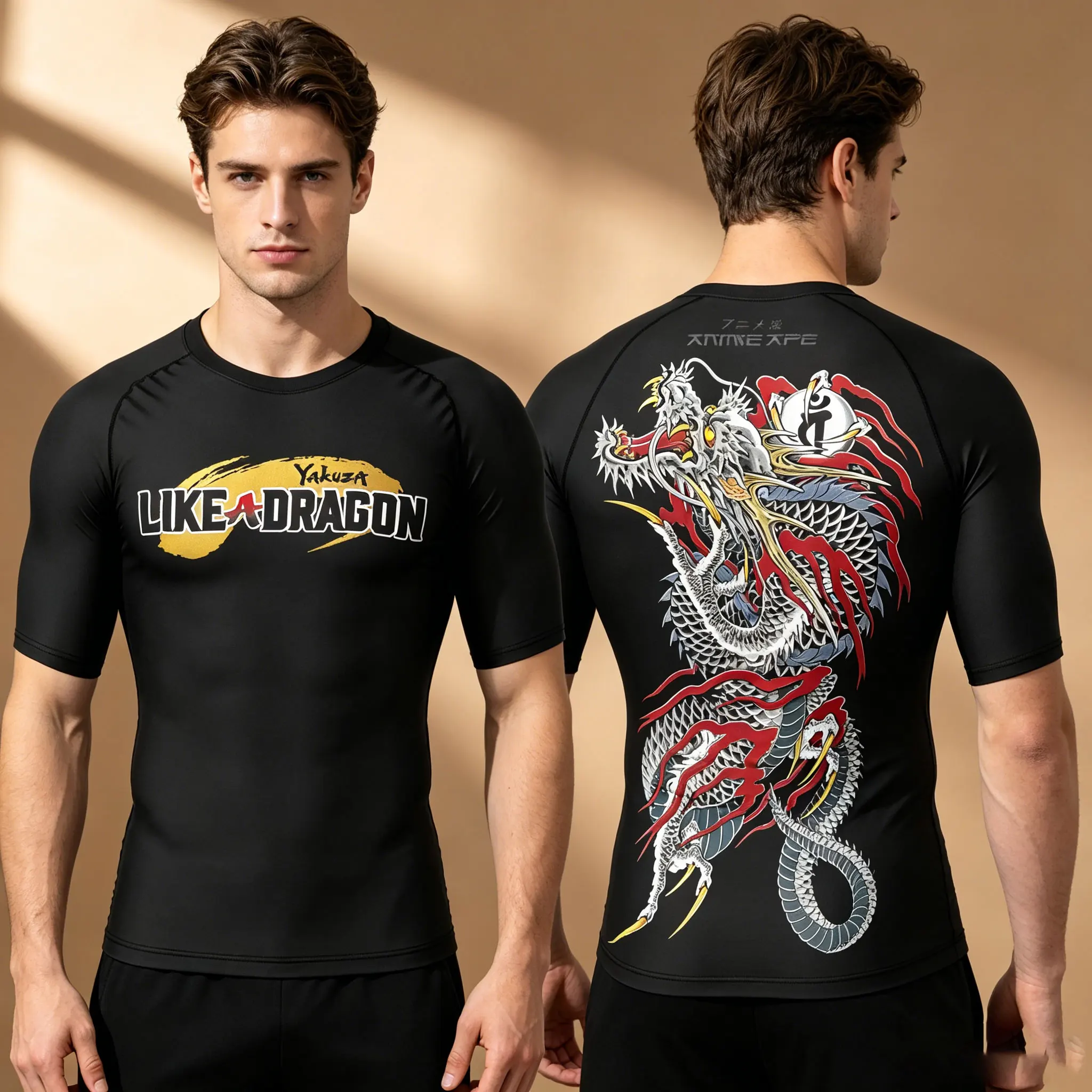 Men's Yakuza Like A Dragon Print Compression T-Shirt, Quick Dry High Elastic Short Sleeve Gym Fitness Workout Undershirt Tees