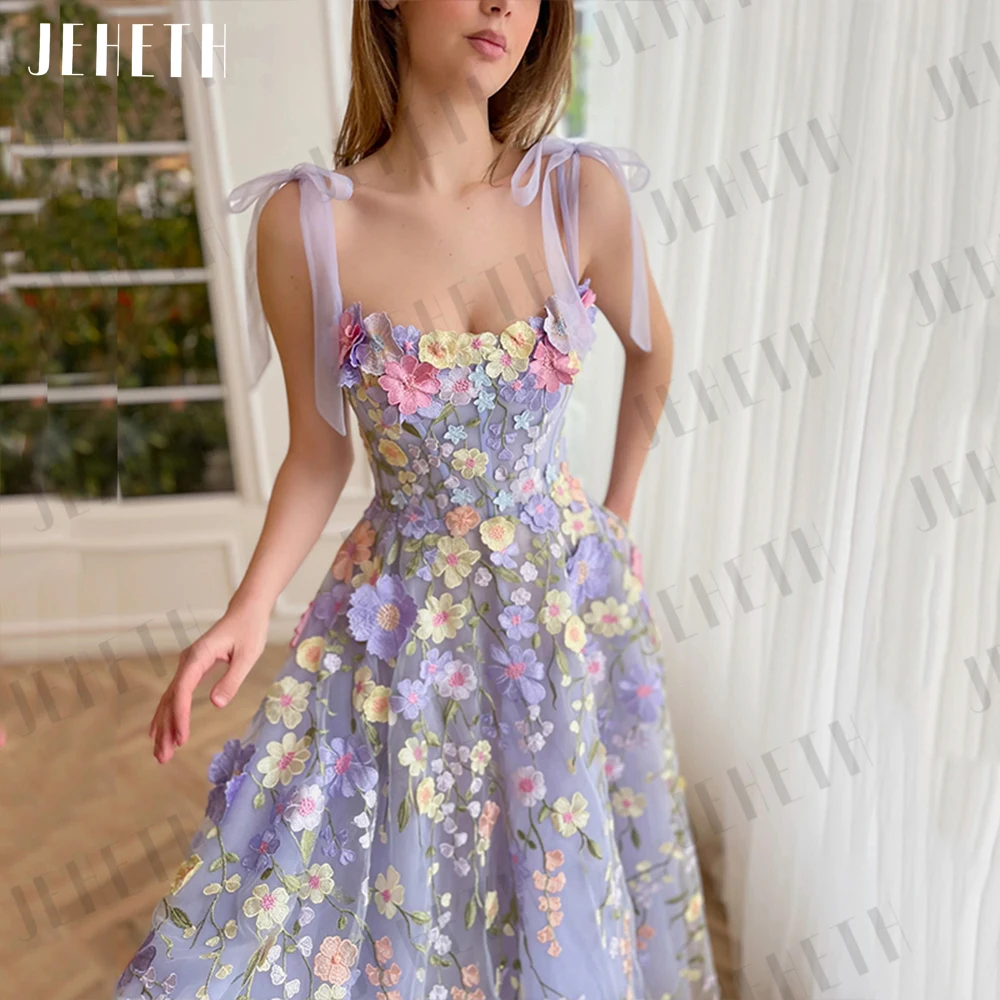 JEHETH Purple Floral Prom Dress Tea Length Pastoral Party Flowers Open Back Evening Gown Luxury Graduación Women Robes Se Soirée