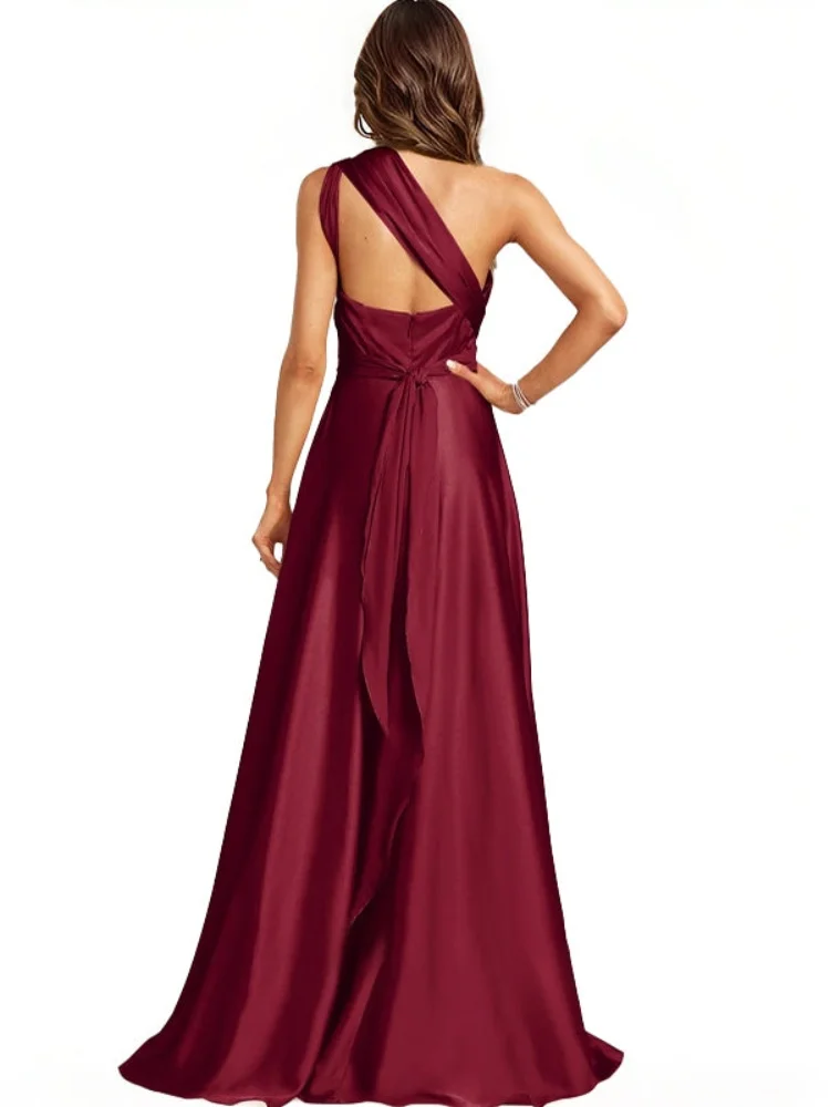 Satin A-line Halter Sleeveless Party Dresses Simple Backless Floor-Length Bridesmaid Dress For Wedding Party High Slit Gowns