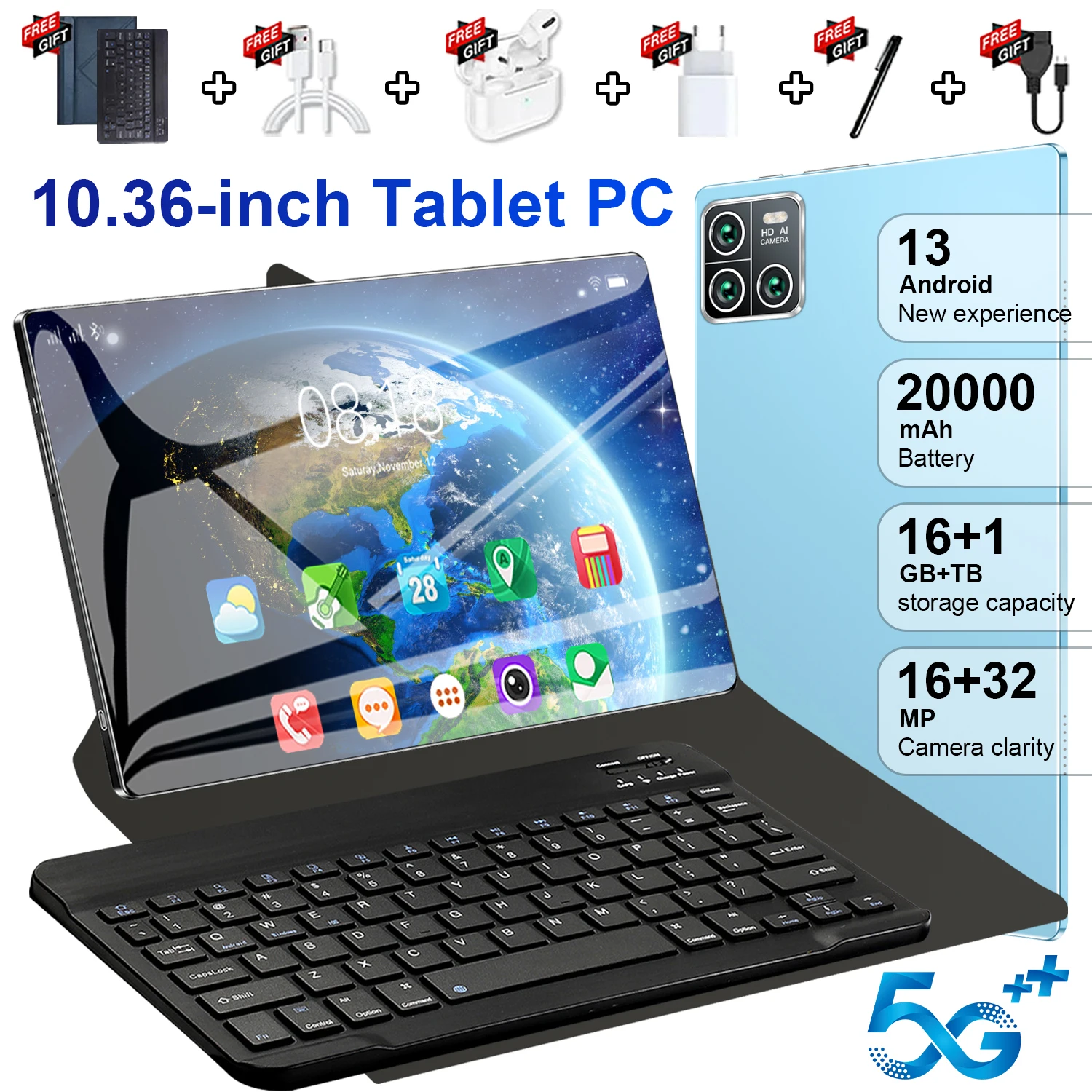 Nueva Tablet Global 2026 de 10.36 Pulgadas, 14 Núcleos, Android 13, 16GB, 1TB, 2.4K HD, 5G WIFI, Bluetooth, 20000mAh