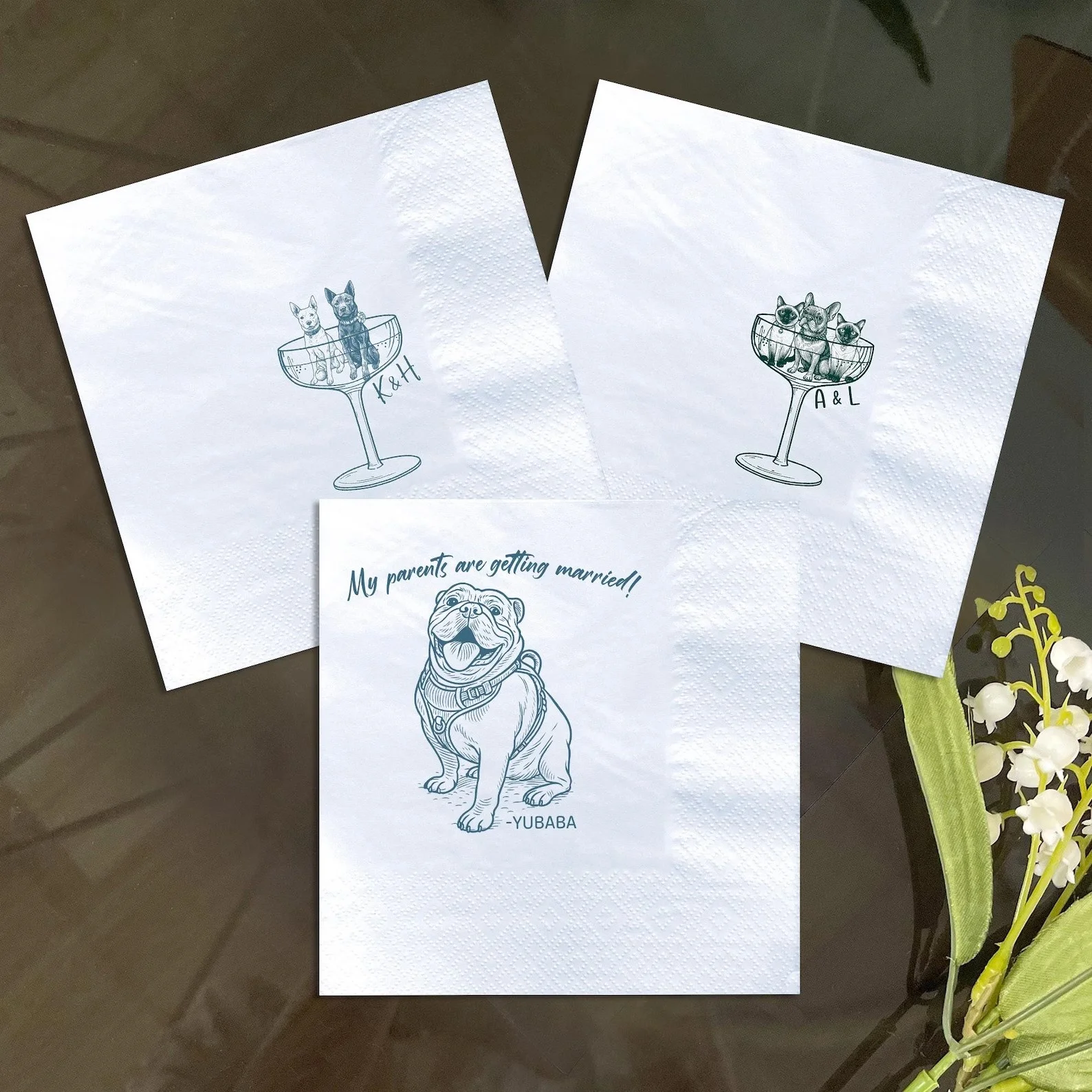 50pcs Personalized Dog Swimming In Cocktail Napkins, Wedding Party Napkins, Rehearsal Dinner Napkins, Custom Dog Bridal Shower