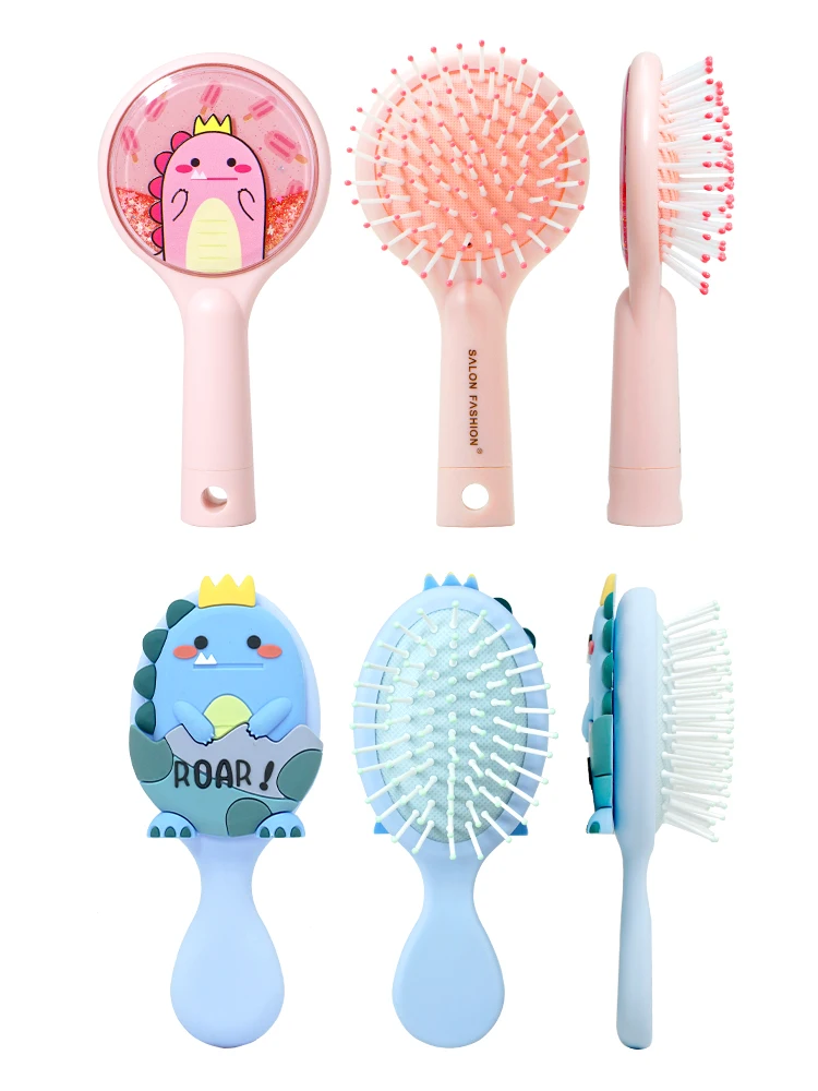 Cute Cartoon Dinosaur Hair Brush Set Detangling Mini Brush Set Travel Protable Comb Folding Mirror for Child Baby Girls Boys