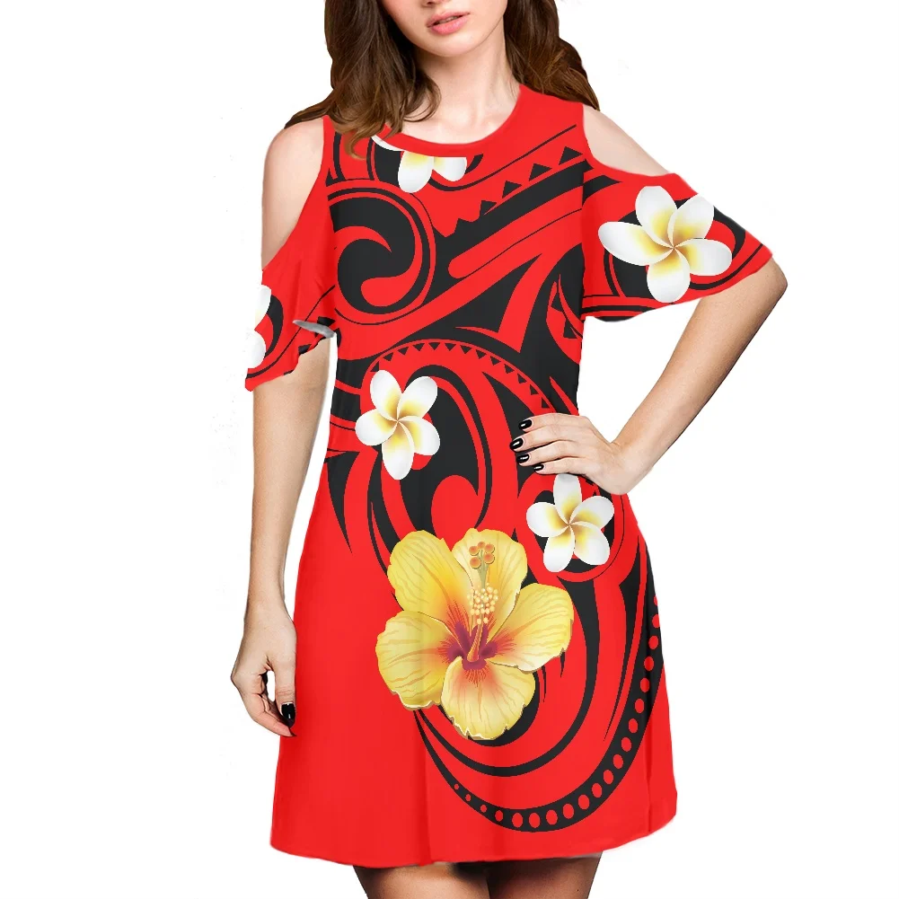 Hycool Hibiscus Print Summer Red Dresses For Woman Elegant Wedding Party Dress Polynesian Tribal Cold Shoulder Midi Dress Women