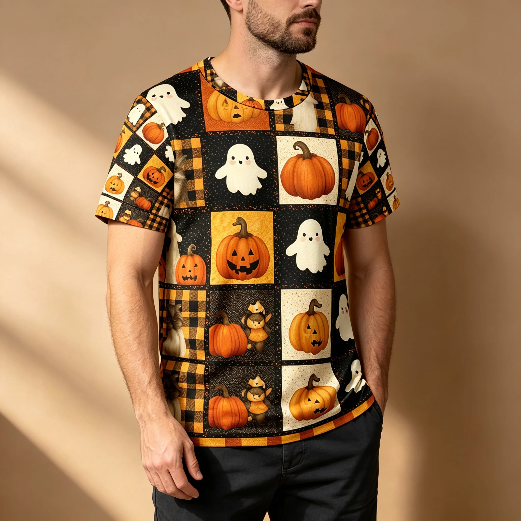 Men's Halloween Plaid Patchwork Pumpkin Ghost All‑Over Print T‑Shirt, Crew Neck Casual Loose Short‑Sleeve Holiday Streetwear Top