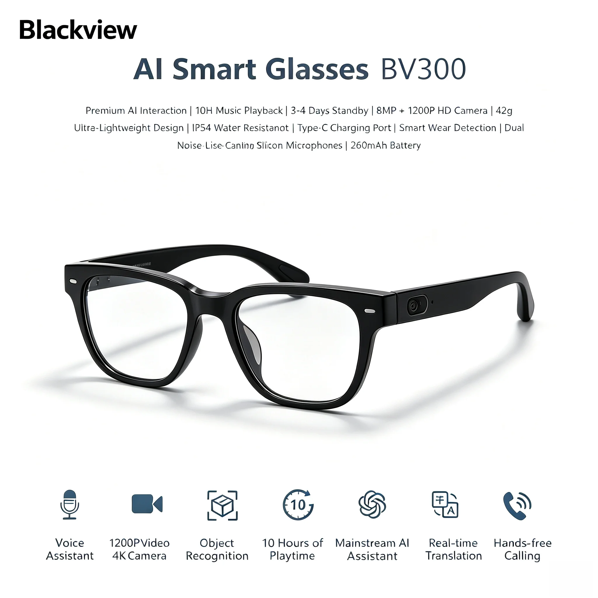 Blackview BV300 AI Smart Glasses Cycling UV400 Polarized Detachable Prescription IP54 4K Camera Sport Sunglasses