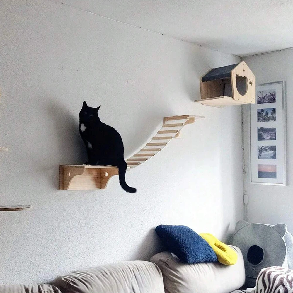 Cat Wall Shelf Wooden Cat Perch Furniture for Sleeping Cats Shelves Stair Cat Climbing Training Steps Kitten Tower Tree Hammock