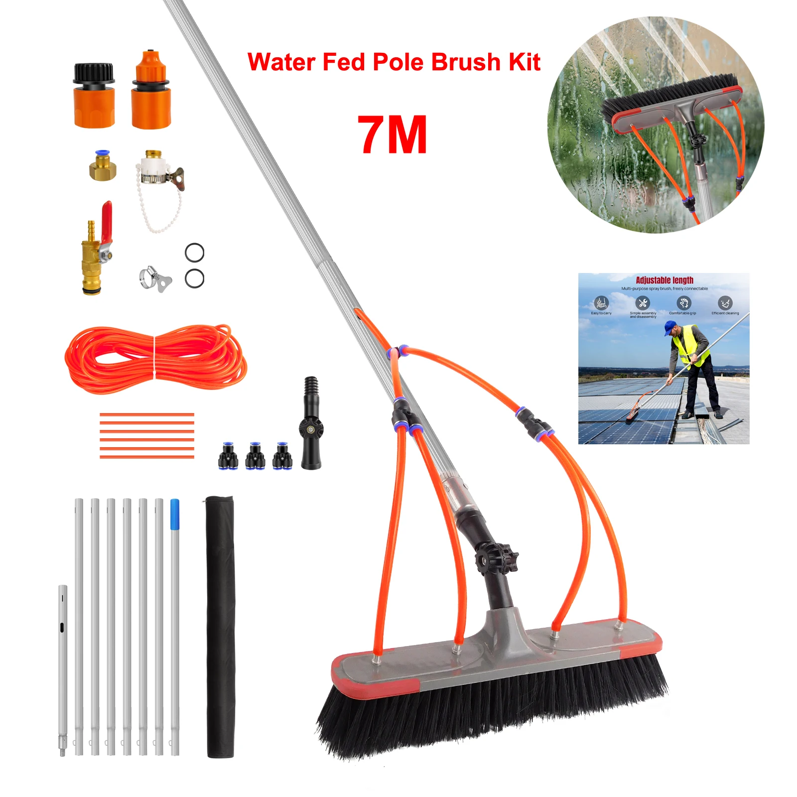 Kit de brosse télescopique de 7 m pour nettoyage à l'eau, outil de nettoyage à longue portée pour fenêtres, panneaux solaires, gouttières, murs extérieurs