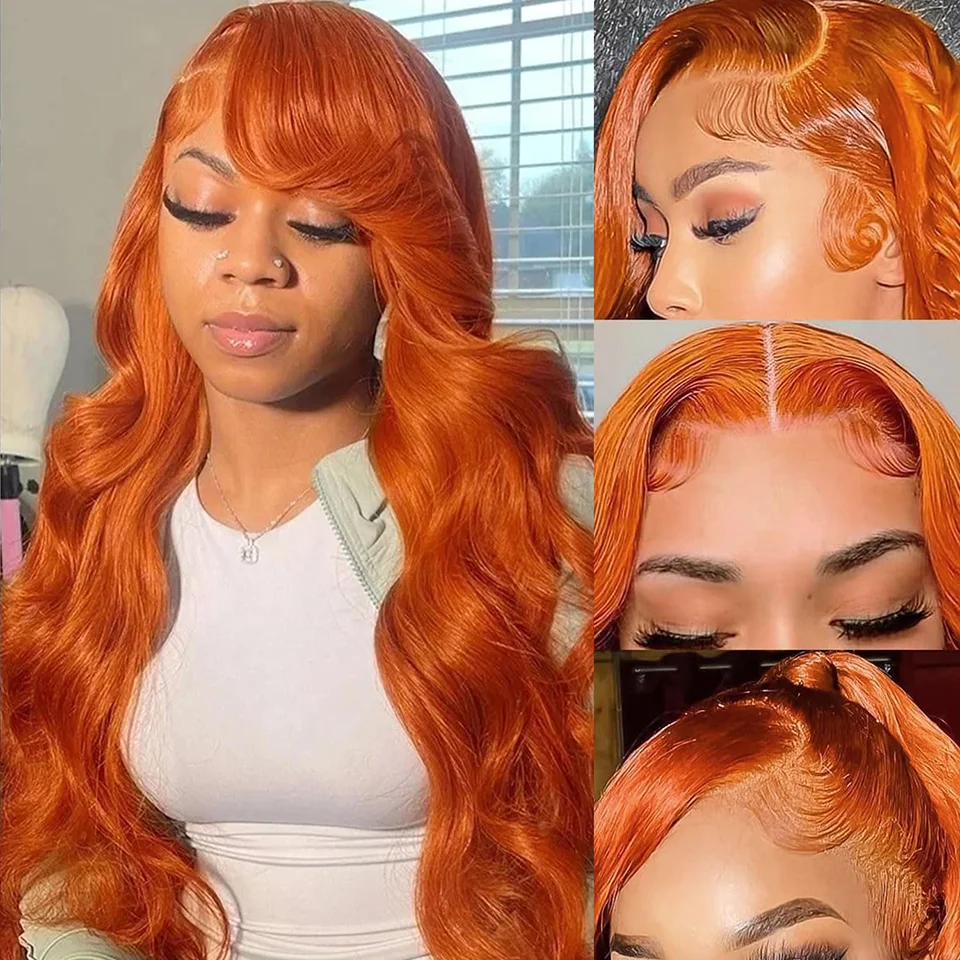 

Orange Body Wave Glueless 13x5 Lace Frontal Wig 180% Density Transparent Lace Front Wigs Human Hair Pre Plucked With Baby Hair