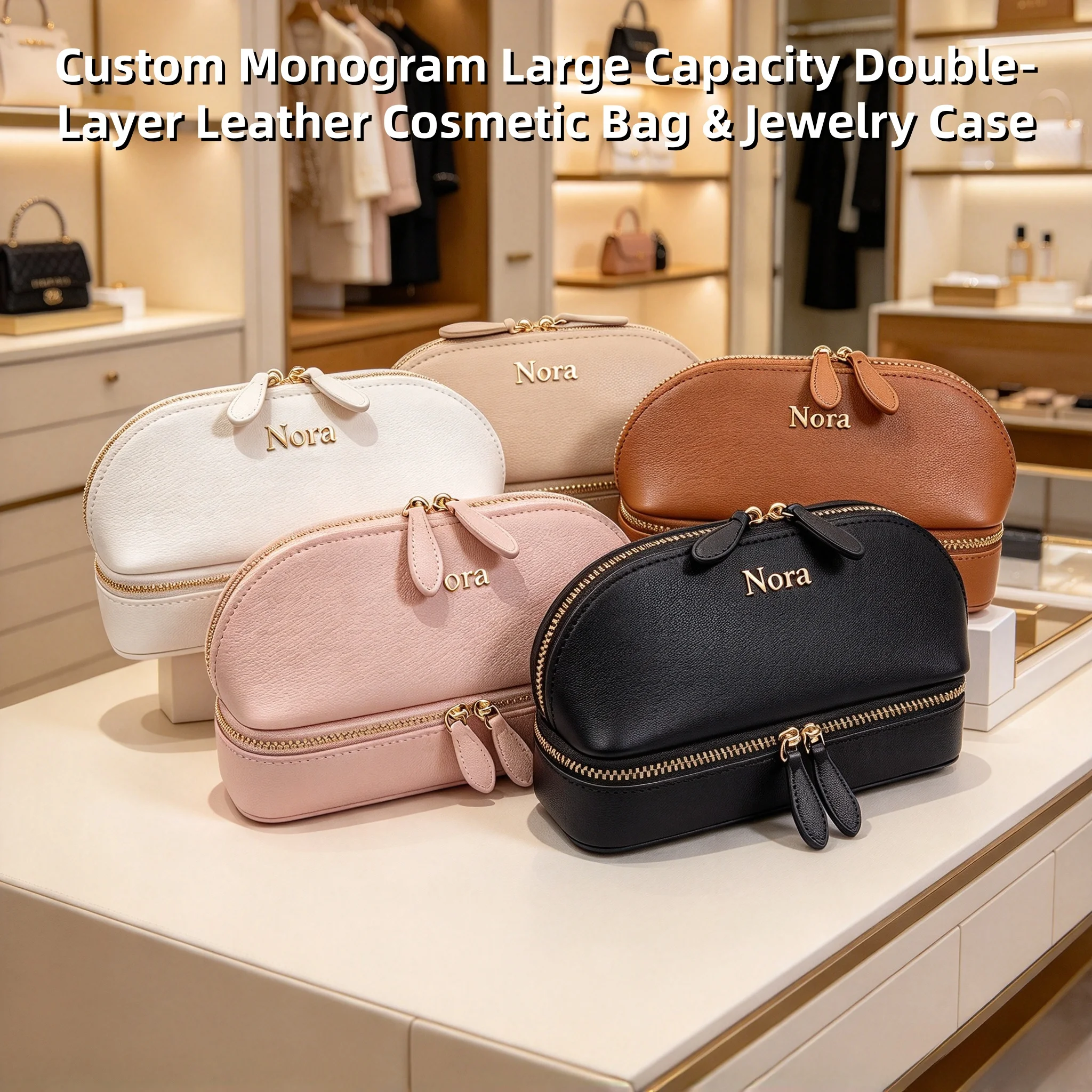 Personalized Cosmetic Bag PU Leather Women Travel Makeup Bag with Jewelry Storage Case 2 in 1 Ladies Travel Pouch