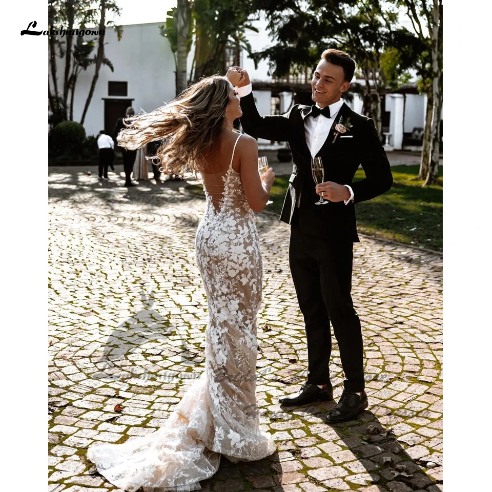 Lakshmigown Bohemian Meerjungfrau V-Ausschnitt Spitzen-Hochzeitskleider 2026 Vestidos Civil Damen Strand-Brautkleid mit Spaghettiträgern Maßanfertigung – Detail 5