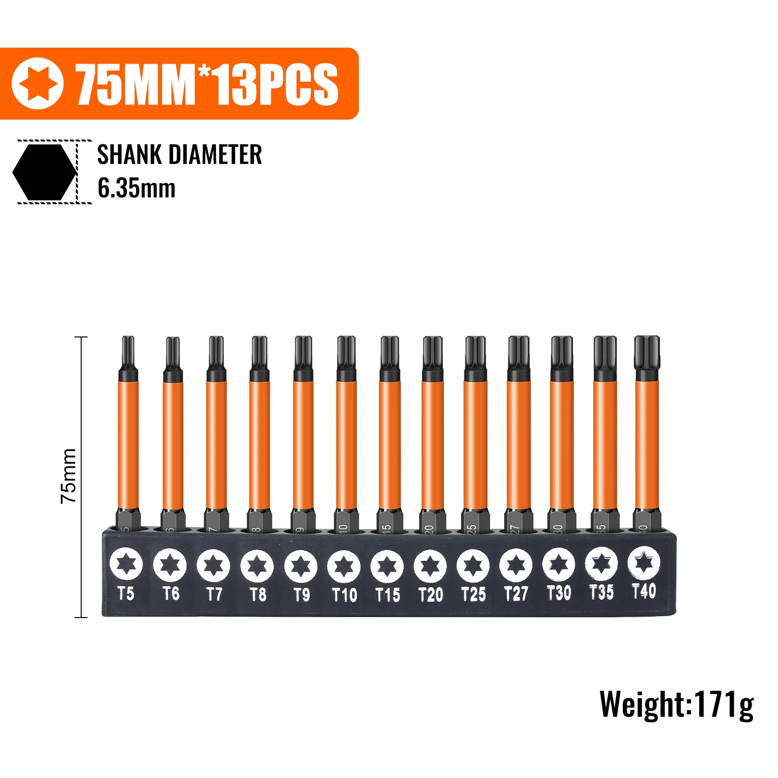 Torx-schroevendraaierbitsset Individuele bits T5-T40 75/100/150 mm lengtes Sterk magnetisme Hoge hardheid S2 gelegeerd staal 1/4 zeskantschacht