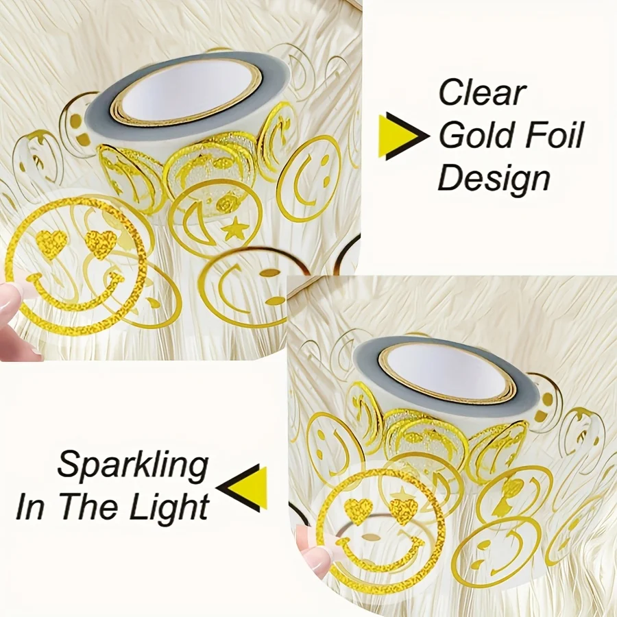 Gold Foil Smile Stickers Roll 500 Pcs, 10 Designs 1 Inch Round Glossy Adhesive Labels for Scrapbooks, Journals, Envelopes