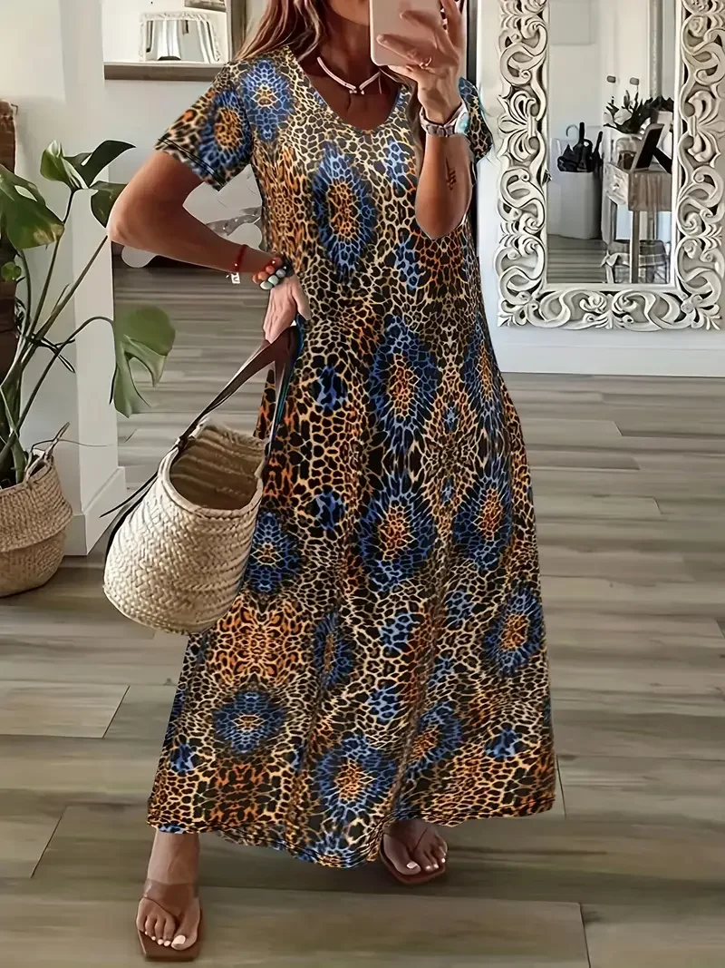 Plus Size Leopard Print Flattering Dress - Ankle-Length, Short Sleeve, Casual Style - Perfect for Spring & Summer - Trendy Women