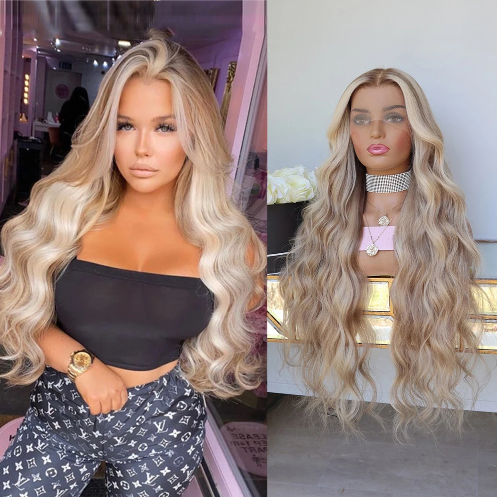 28 Inch Ombre Ash Balayage Blonde Highlights Synthetic HD Lace Front Wig Soft Body Wave Preplucked Glueless Wig with Baby Hair