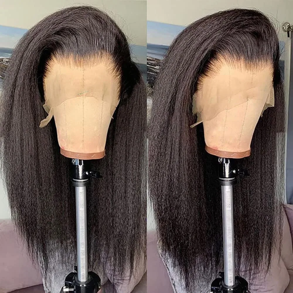 Peluca de Cabello Humano Liso Kinky Yaki con Encaje Frontal, Textura Similar a la Piel, Encaje Transparente HD 13x4, Línea de Cabello Natural Pre-Desplumada, Densidad 250