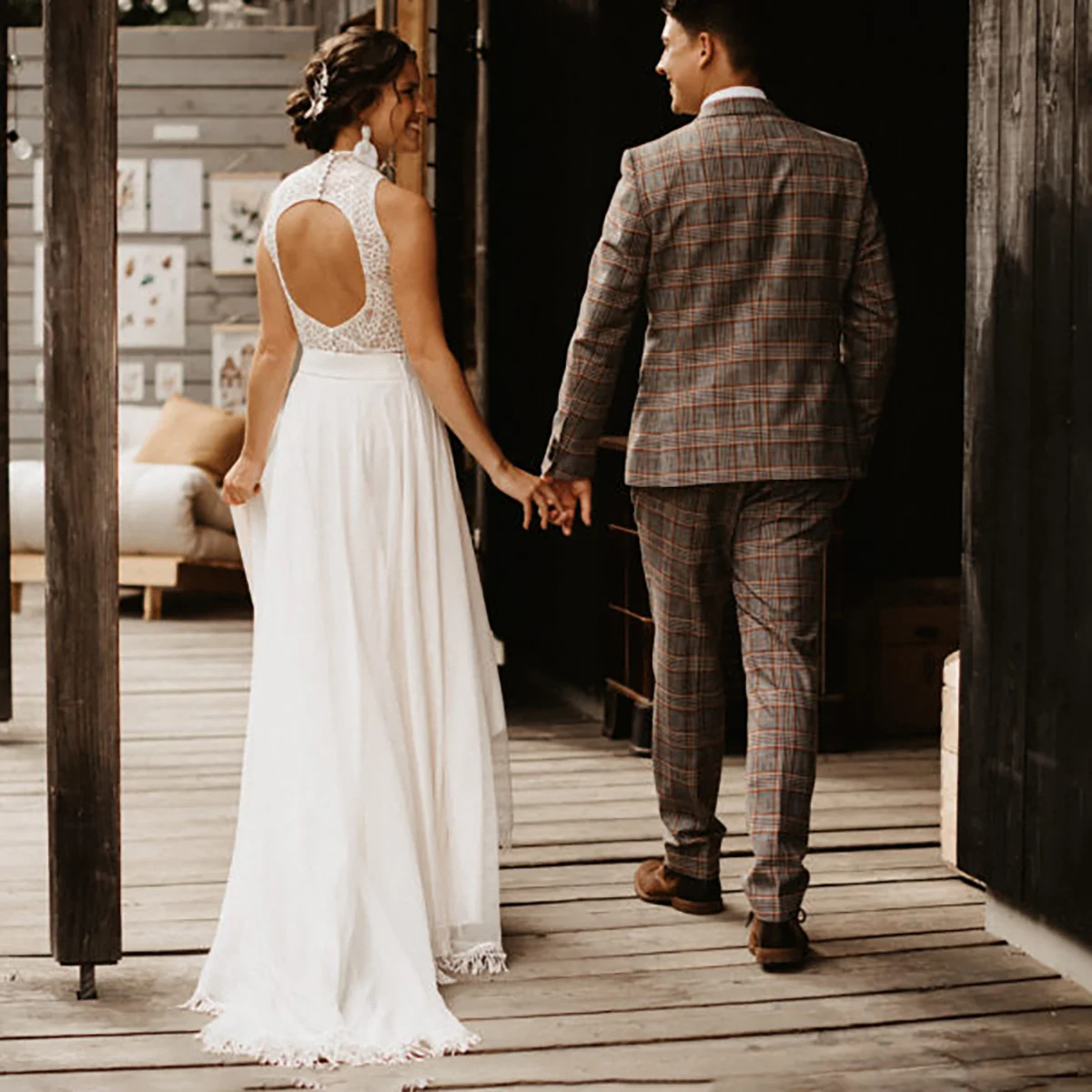 Duas peças saia franjas mock neck boho vestidos de noiva personalizado chiffon uma linha aberta volta borlas rendas vestido de casamento separado