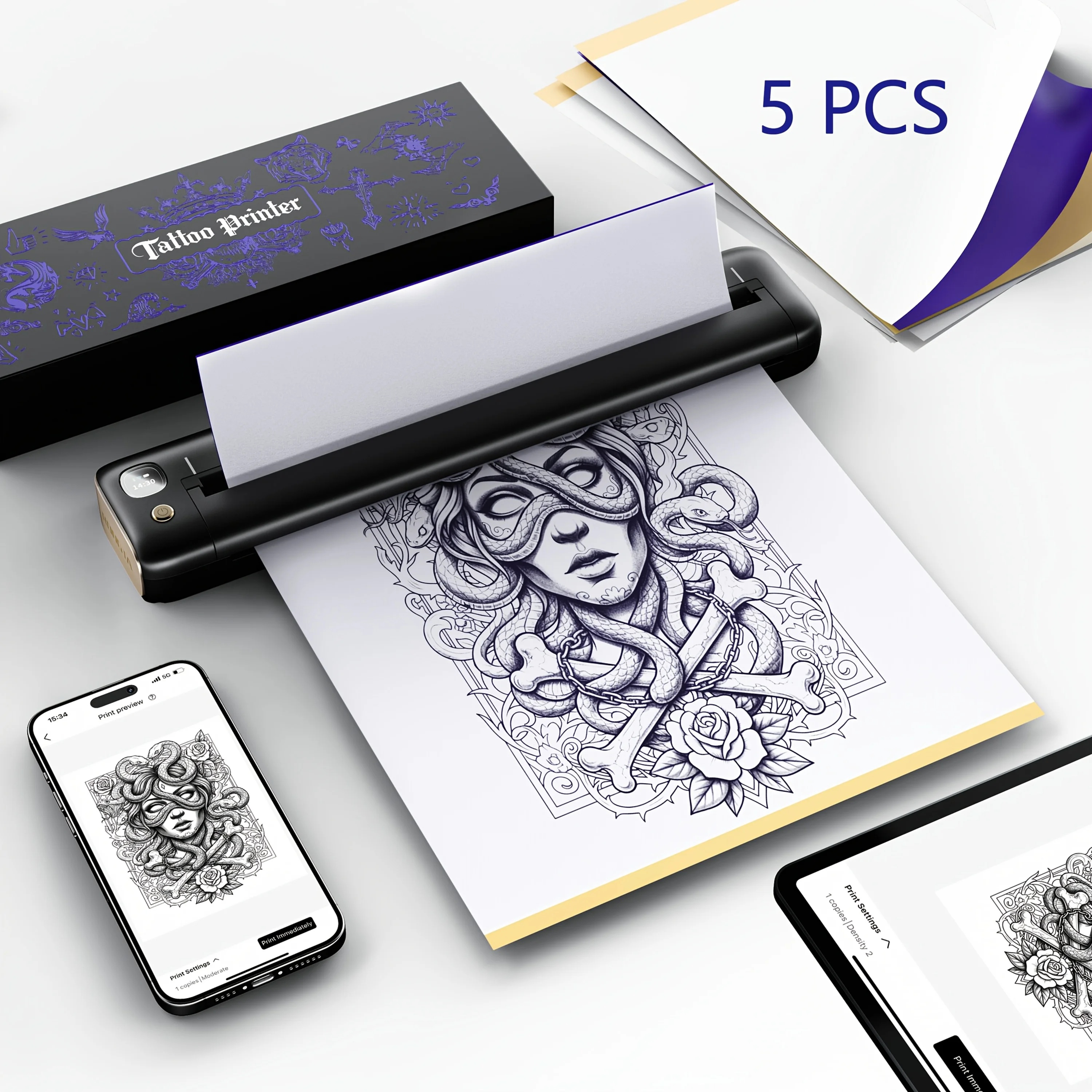 Portable Thermal Tattoo Printer, No Ink Tattoo Stencil Printer, for Ios/Android/Pc, with 5 Sheets Tattoo Paper Travel-Friendly