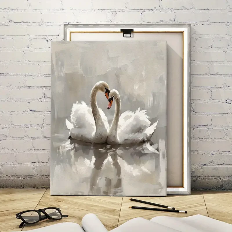 Ink Art Print of Swans in Love - Art Deco Wall Hanging Decor, Waterproof Canvas  Solid Pattern Landscape Artwork for Home Office