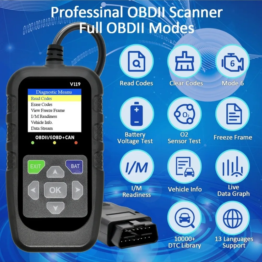 V119 OBD2 Scanner: Car Diagnostic Tool with Voltage Test & USB Power, Reads/Clears Codes for EOBD/CAN OBD2 Vehicles