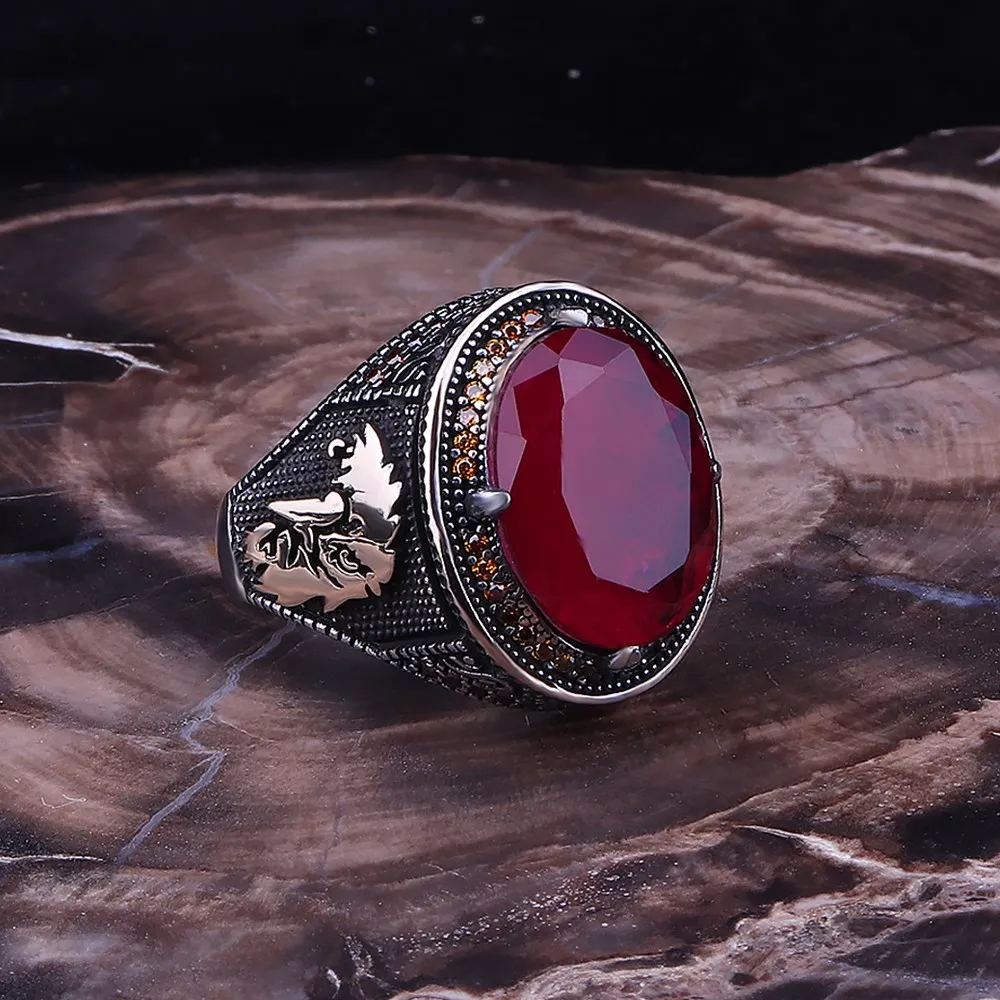 Stamped Solid 925 Sterling Silver Eagle Motif With Red Zircon Men's Ring High Quality Handmade SilverJewelry Turkish For Men