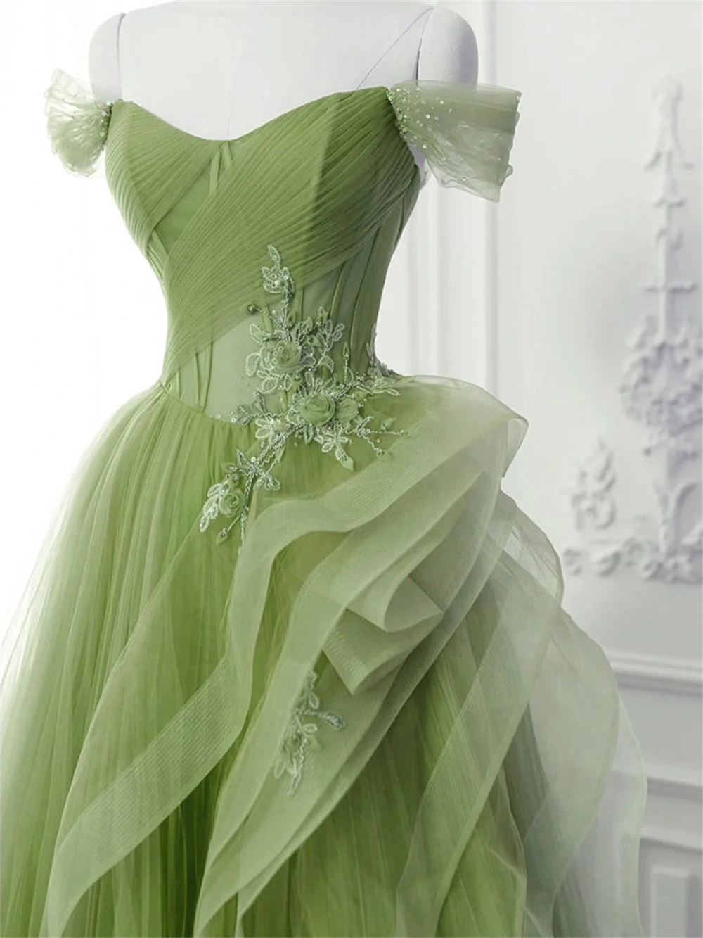 Sansa personalizado verde A-line apliques 3D flor Vestidos De graduación fuera del hombro Vestidos De Noche hasta el suelo Noche Formal