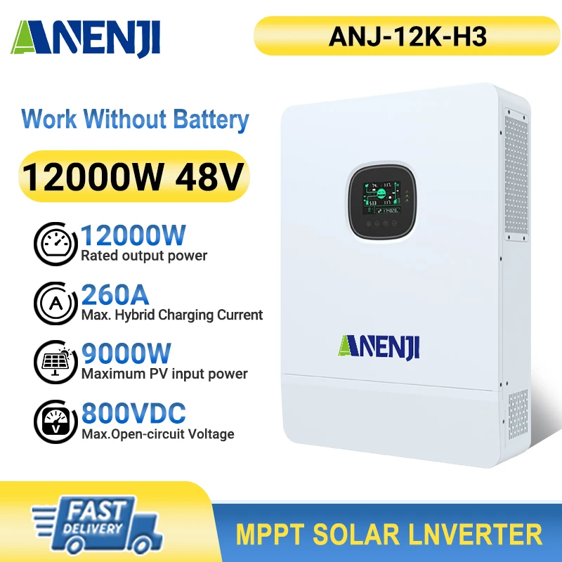 

ANENJI 12KW 3 Phase Hybrid Solar Inverter With Parallel 230/400VAC PV 800VDC Max Built-in Dual MPPT 260A Solar Charger Controlle