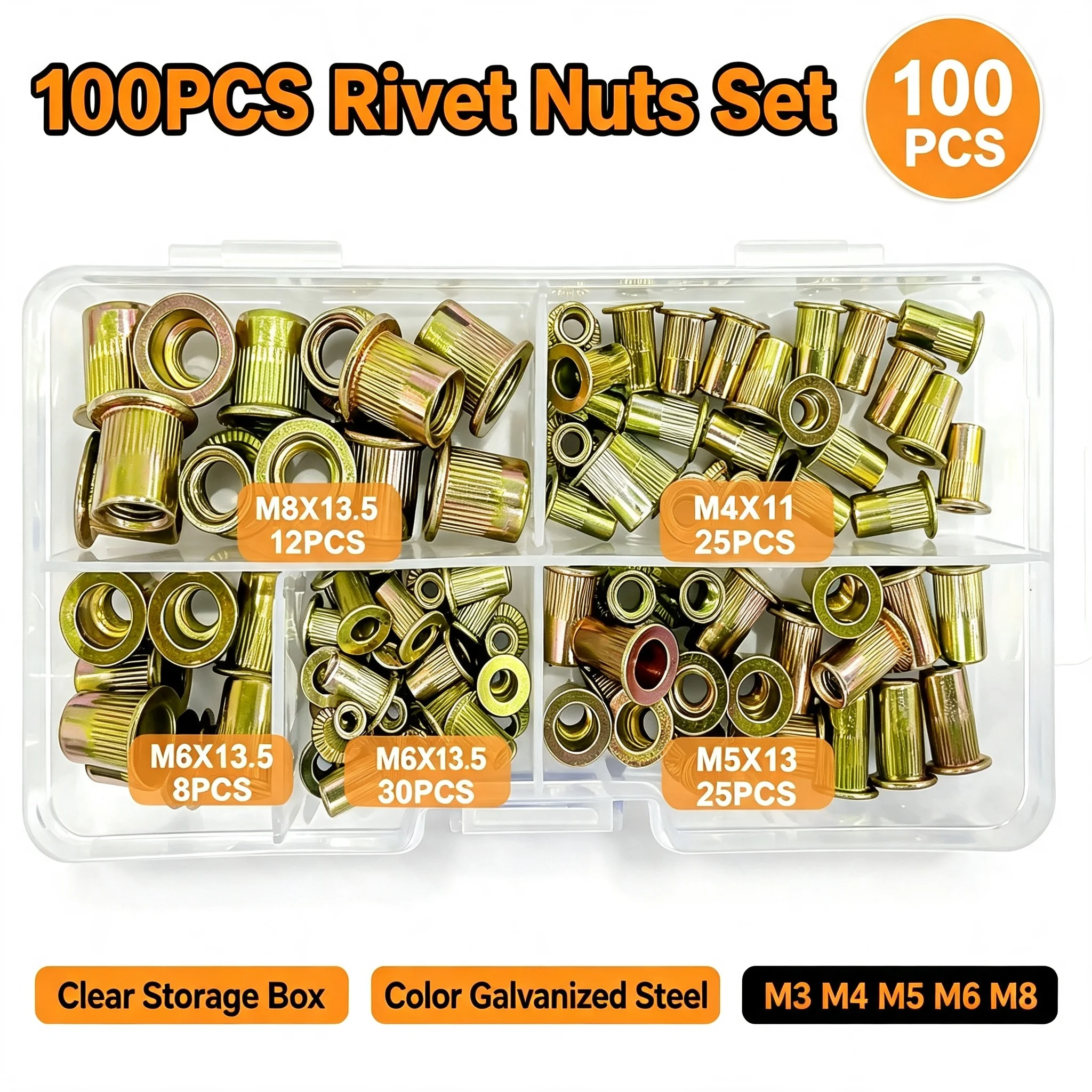 VKKM 100Pcs Color Galvanized Rivet Nuts Set, M3 M4 M5 M6 M8 Flat Head Threaded Insert Nuts Kit with Clear Storage Box for Metal Sheet Automotive Furniture DIY Repair