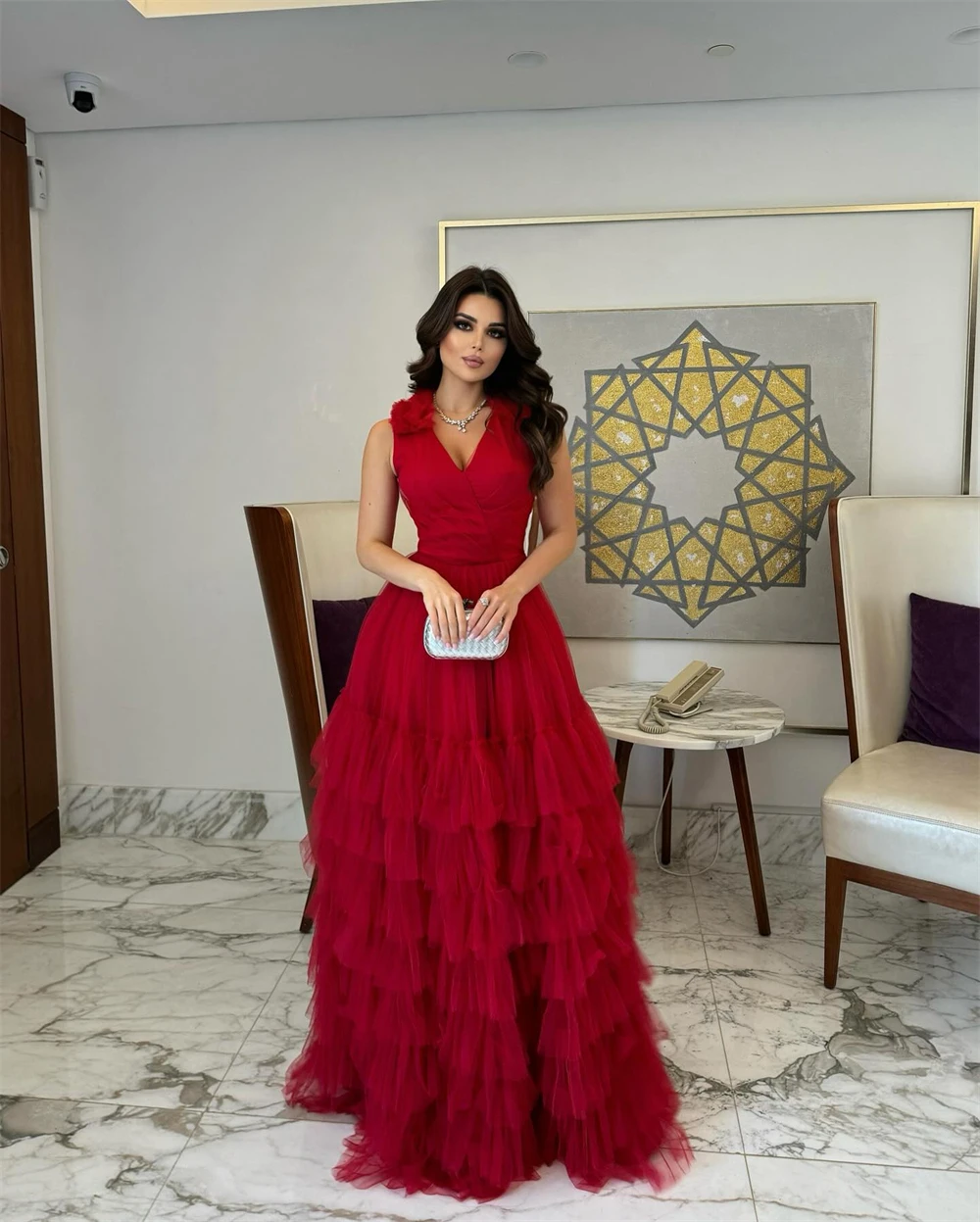 Sansa Customized Red Halter Neck A-line Tiered Ruffle Prom Dress Sleeveless Vestidos De Noche Floor-Length Formal Evening 2025