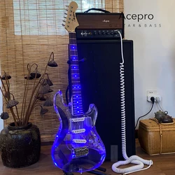 In Stock Acepro Blue LED Light Electric Guitar, Clear Acrylic Body, Transparent Pickguard and Knob, 3 Single Pickups, Maple Neck