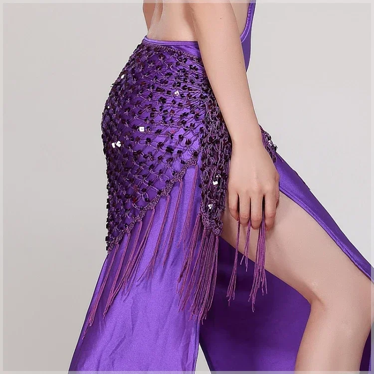 12 kolorów akcesoria do tańca brzucha długi pasek z frędzlami elastyczny trójkąt ręcznie szydełkowany taniec brzucha chusta na biodra cekiny pasek dla dziewczynek — zdjęcie 2