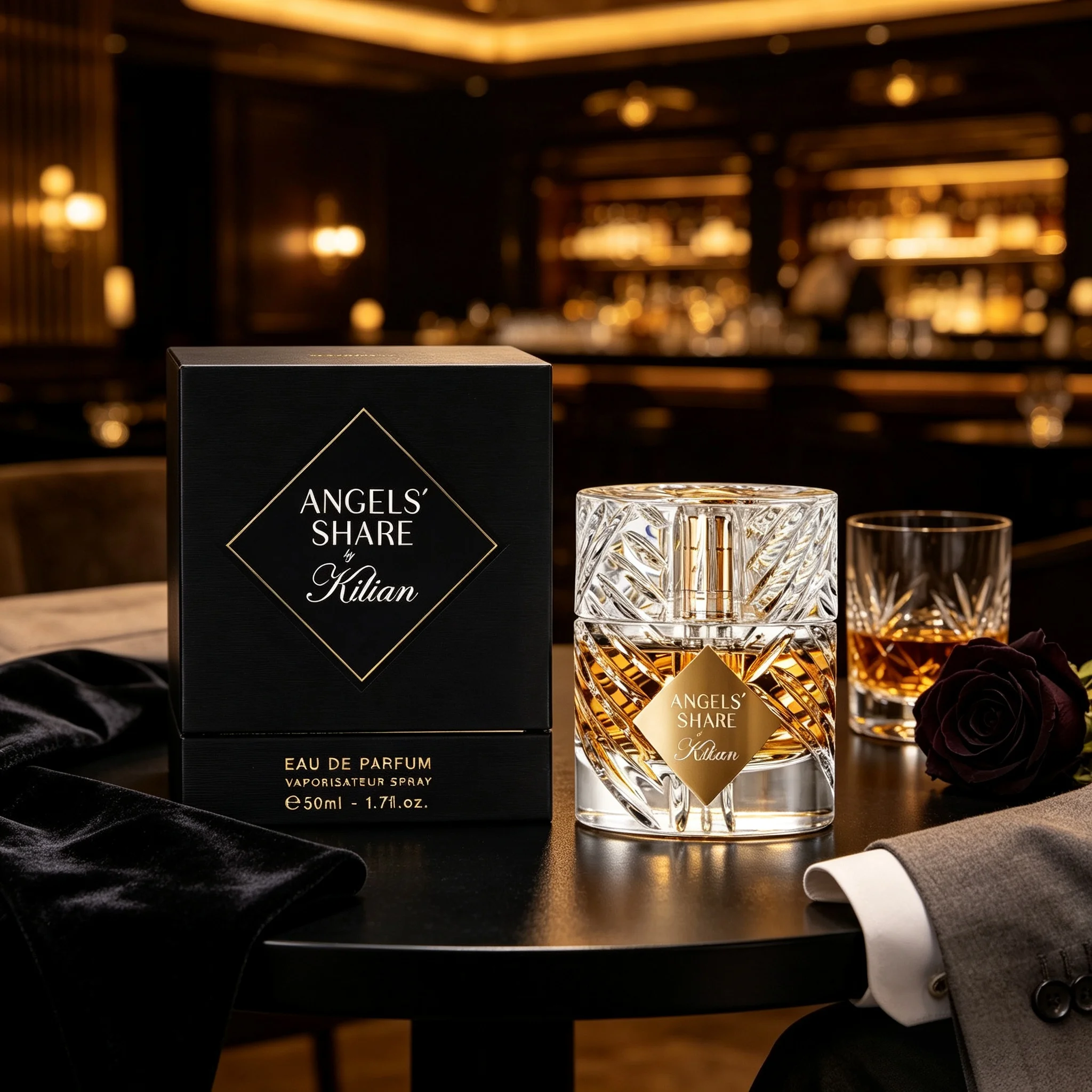 Angels’ Share by Kilian Gender Neutral Perfume Complete Matte Black Diamond Embossed Gift Box Sculpted Wheat Cut Crystal Vessel Shiny Gold Square Plate Top Warm Boozy Caramel Whiskey Fragrance Blogger Aesthetic Travel Unisex Salon Perfume view 2