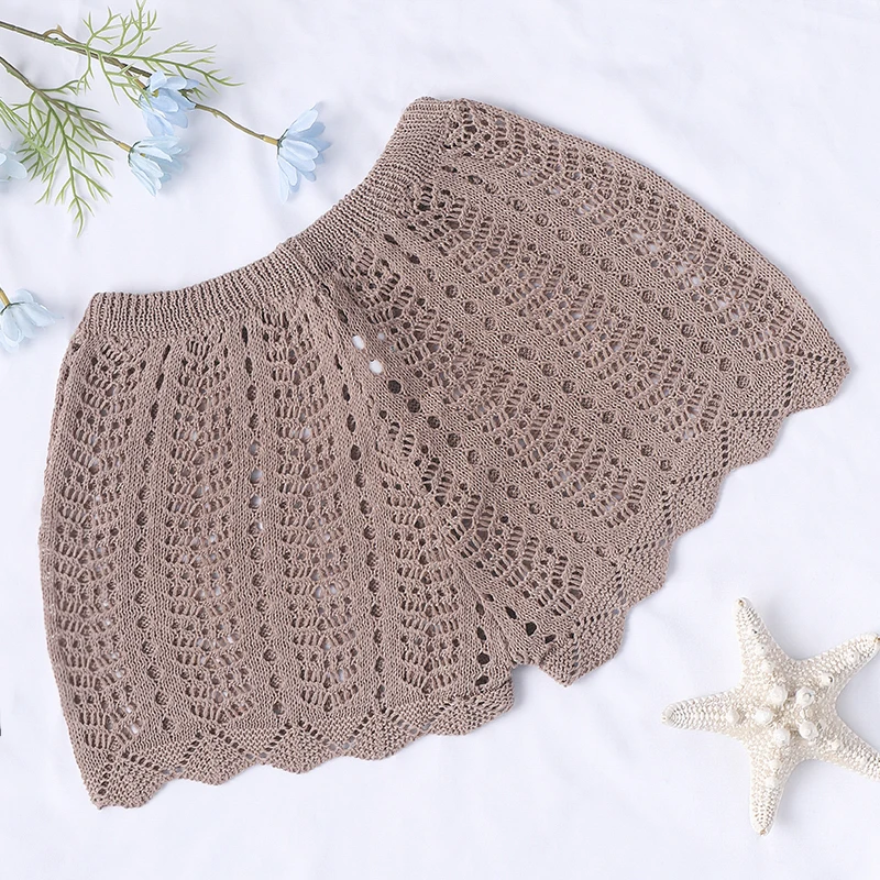 Swim Vacation Beach Plain Color Hollow-Out Knit Cover-Up Shorts, For Summer