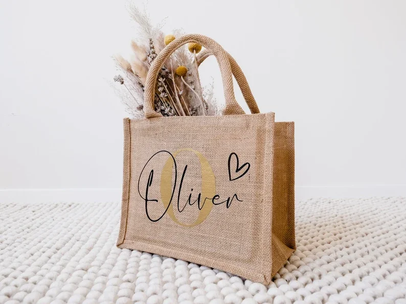 Sac en Jute avec Initiales Personnalisé, Cadeau de Demoiselle d'Honneur, d'Anniversaire, de ixdes Mères, de Shopping