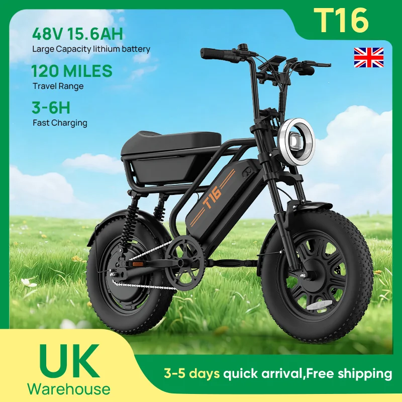 Urlife T16 16"x3" Fat Tire E-Bike 1000W Peak Motor 48V Battery Dual Suspension Portable for Commuting & Trunk Storage