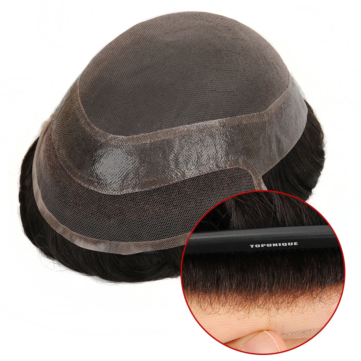 TUM01 خصلات شعر هجينة للرجال مونو توب، جلد ودانتيل أمامي 130% كثافة شعر بشري هندي ريمي شعر مستعار للرجال #1