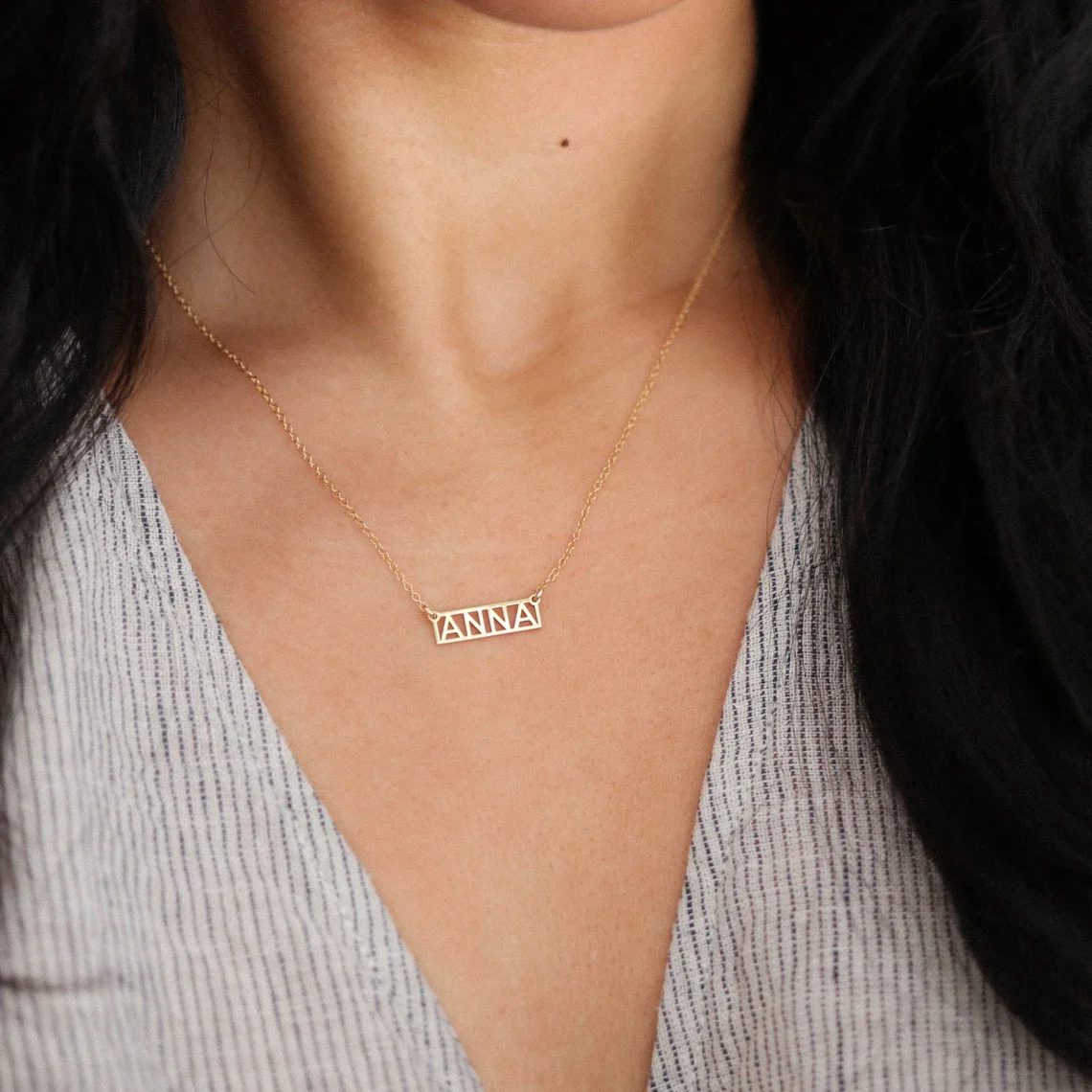 Personalized Name Necklace Bar  Minimal Gold Name Necklace Custom Word Jewelry Bridesmaid Gift