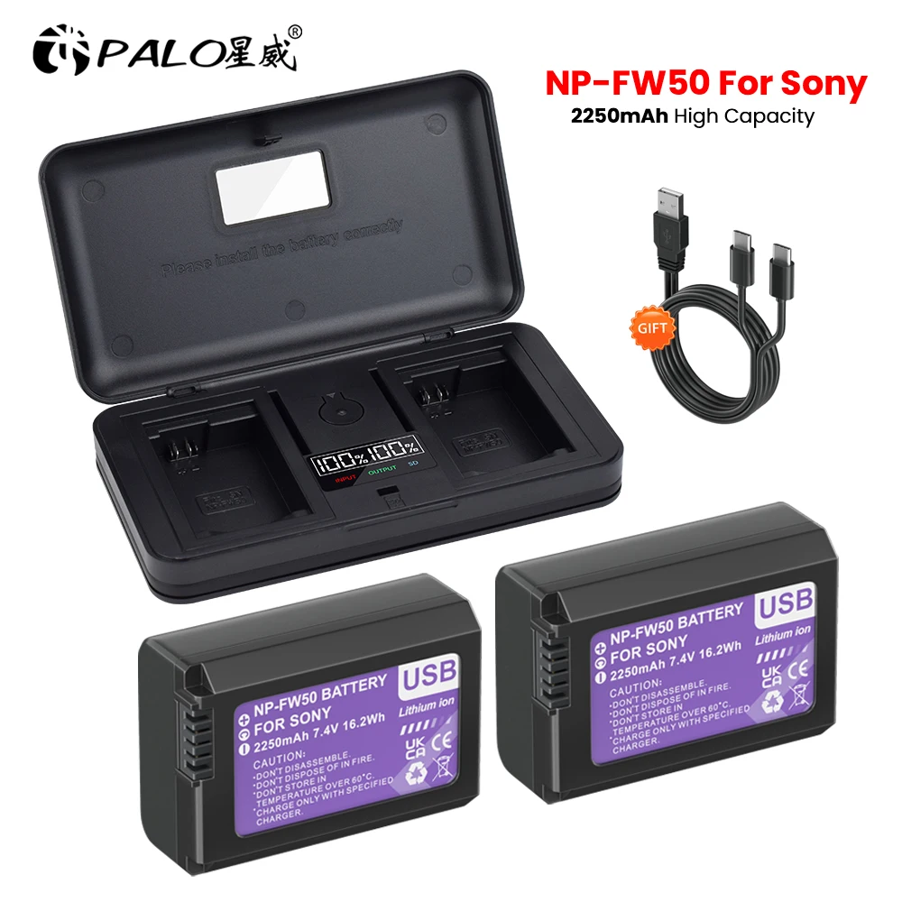 PALO 2250mAh NP-FW50 USB Battery+Charger Case for Sony ZV-E10L a37 A7 A7II A7RII A7SII A7S A7S2 a6000 a6400 a6500 NEX-7 RX10