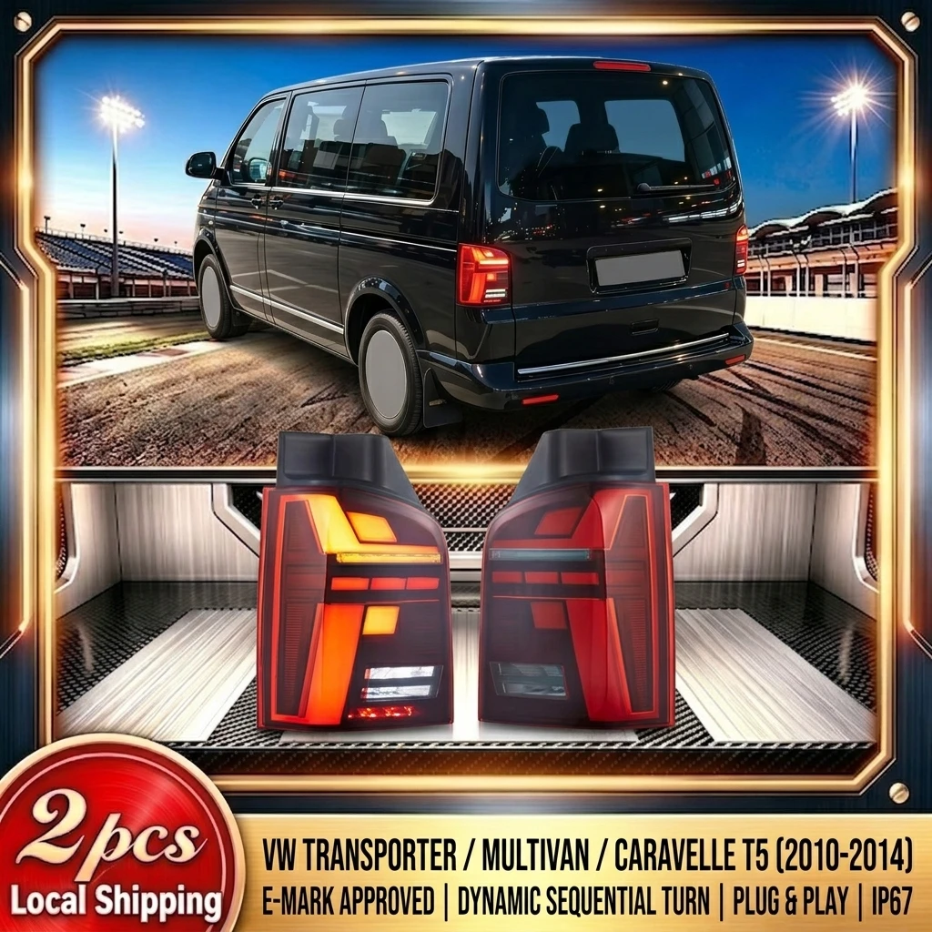 2 Stück LED-Rückleuchten-Set für VW Transporter Multivan Caravelle T5 2010-2014, E-geprüfte Rückleuchte, dynamischer sequenzieller Blinker, Bremslicht, Rückfahrlicht, DRL, direkter Ersatz,