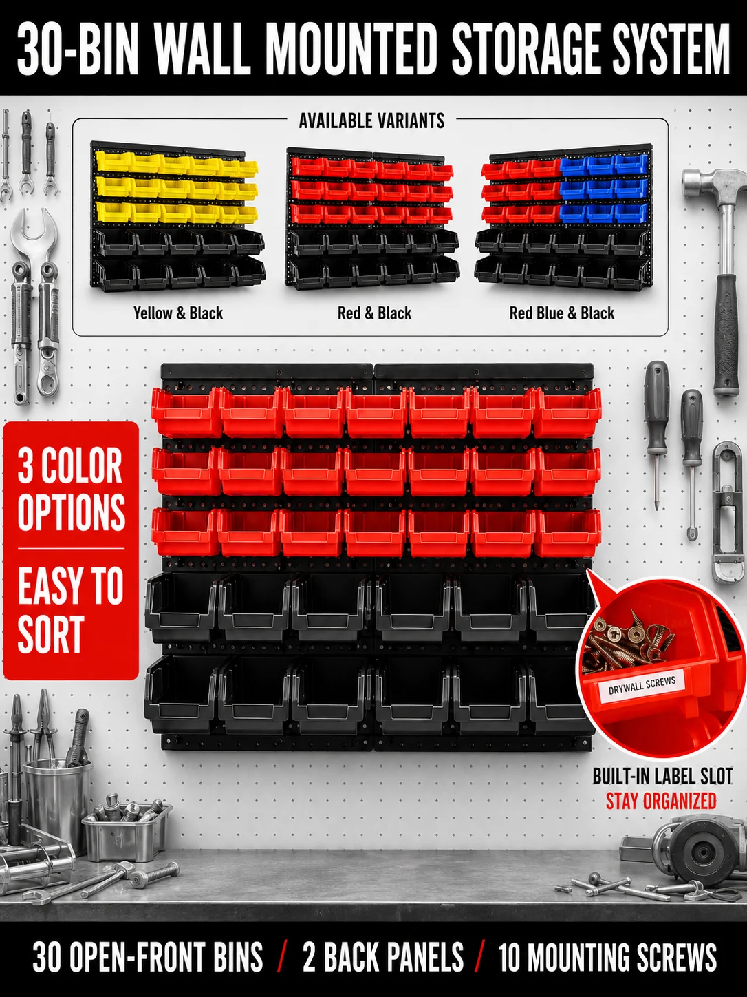 Wall Mounted Storage Bins Organizer Rack with 30 Dual Color Bins, Heavy Duty Plastic Hanging Parts Bin System, Garage Wall Hardware Holder for Screws Bolts Nuts Washers, Stackable Small Large Tool Containers for Workshop Shed DIY Craft Room