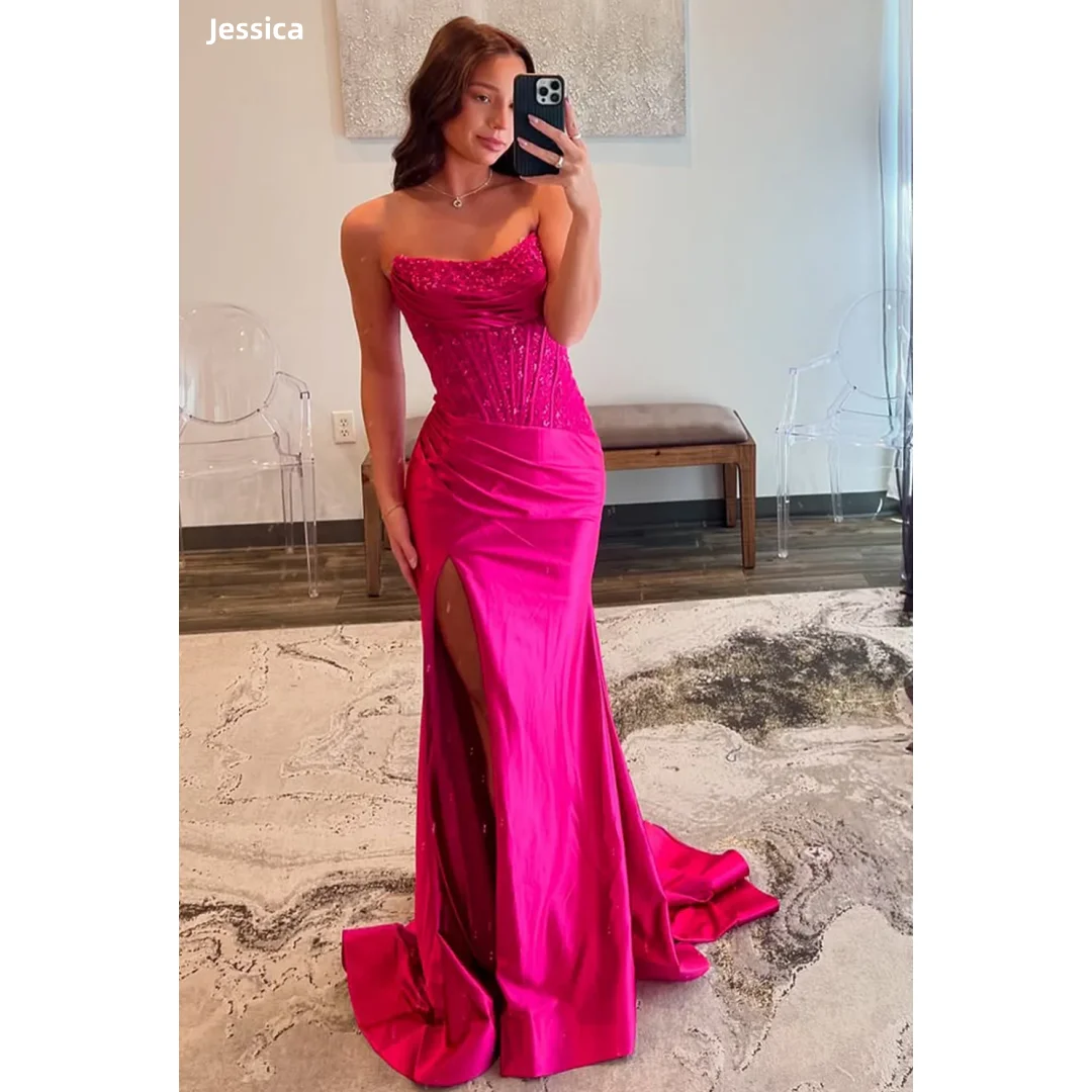 

Jessica Hot Pink Evening Dresses Sequin Embroidery Prom Dresses Sexy Off Shoulder Mermaid Wedding Party Dresses Customized