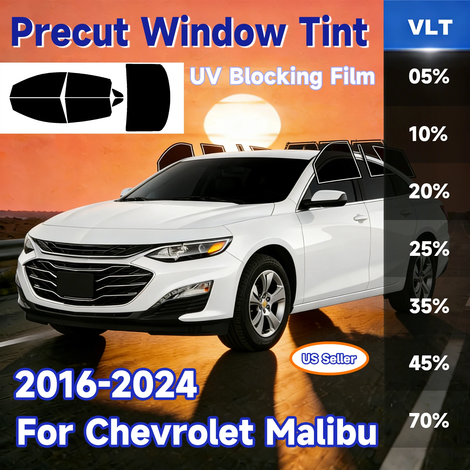

PreCut Tint for Chevrolet Malibu 2016-2024 Car All Side Window Sunshade UV-IR Block Heat & Glare Rear Windshield Protector Films