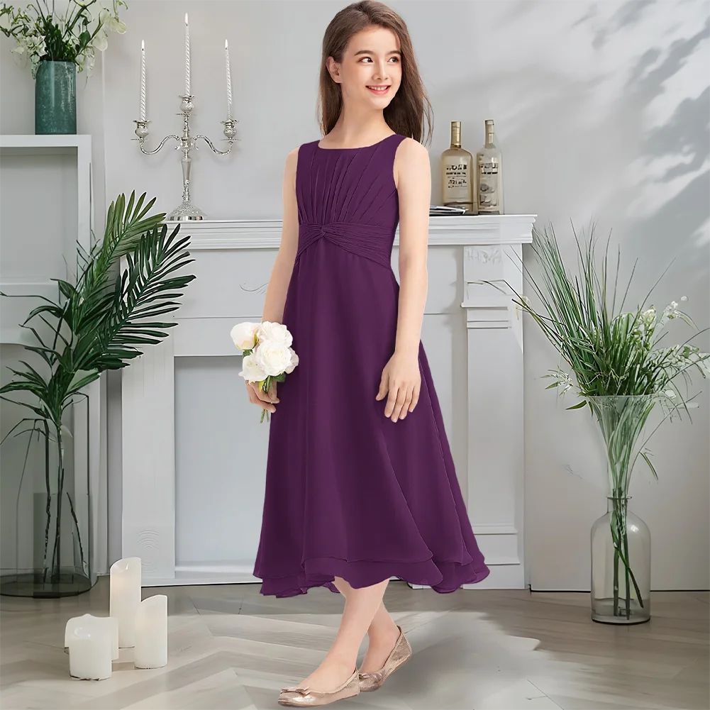 Изящное трапециевидное платье для подружек невесты, сиреневое платье с цветочным узором для девочек, свадебное платье чайной длины с квадратным вырезом и бантом с поясом для юниоров