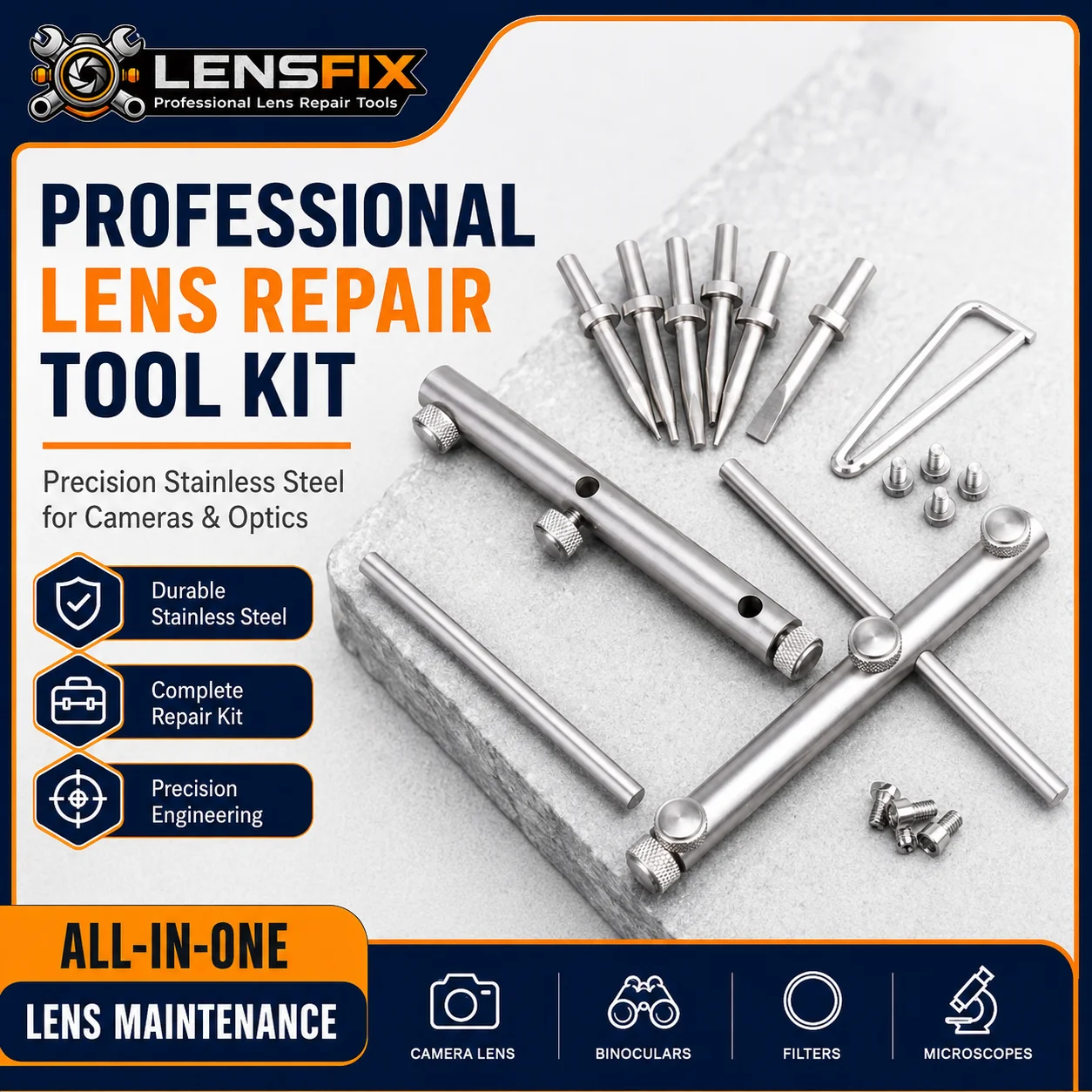 Adjustable 10-110mm Lens Spanner Wrench Set Interchangeable Tips Stainless Steel Camera Repair Tool Kit