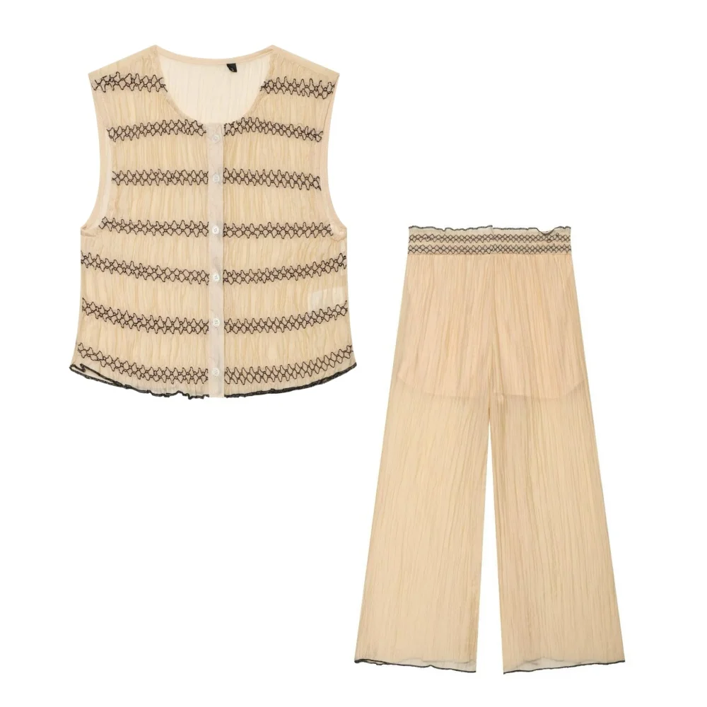 Womens Elegant Pleated Smocked Two Piece Set Sleeveless Mesh Shirt Top High Waist Trousers Suit Chic Boho Beach Resort Wear