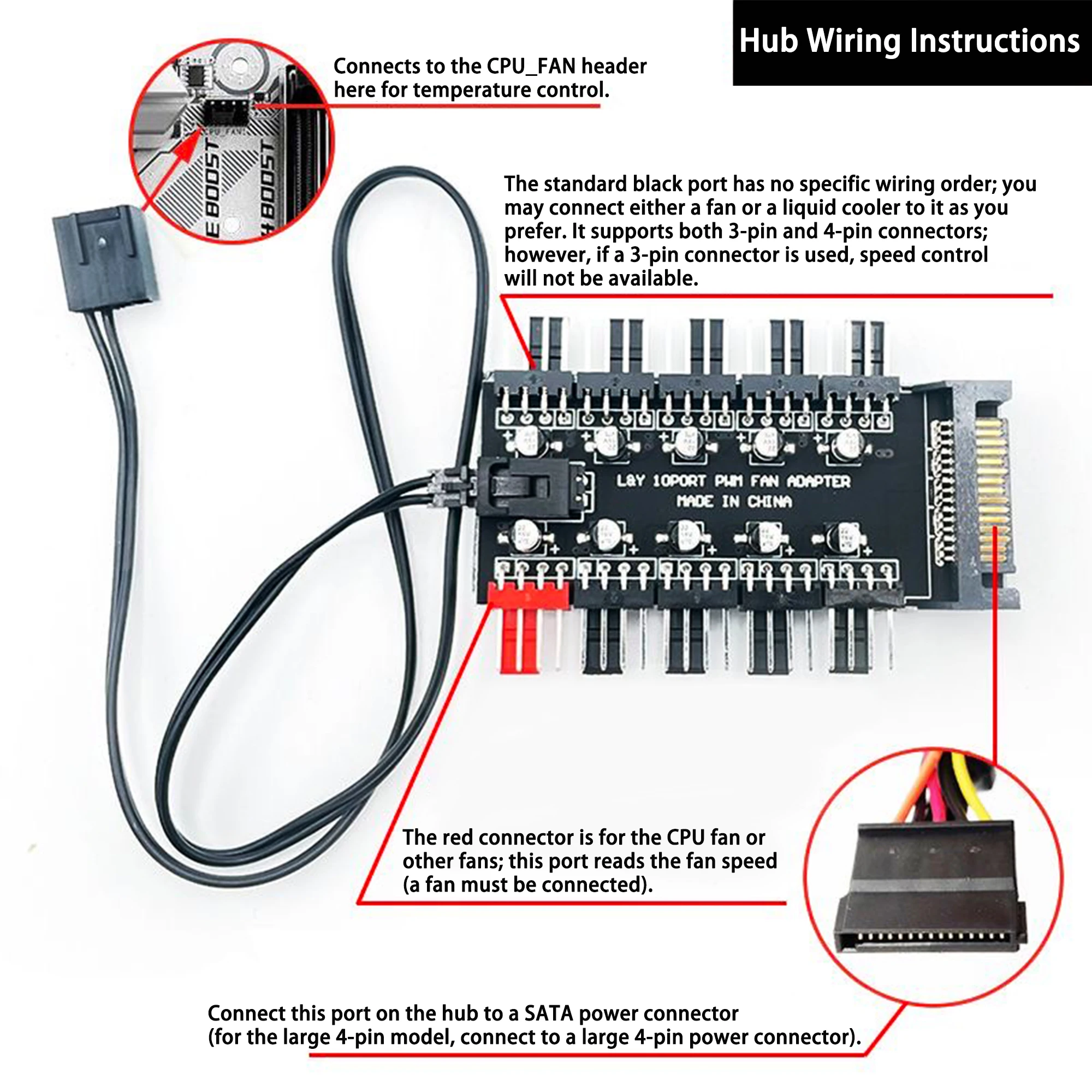 1 to 10 Port 4Pin PWM Fan Hub SATA / 4D Power Supply Intelligent Temperature Control Splitter For PC Case Cooling Fans - view 6