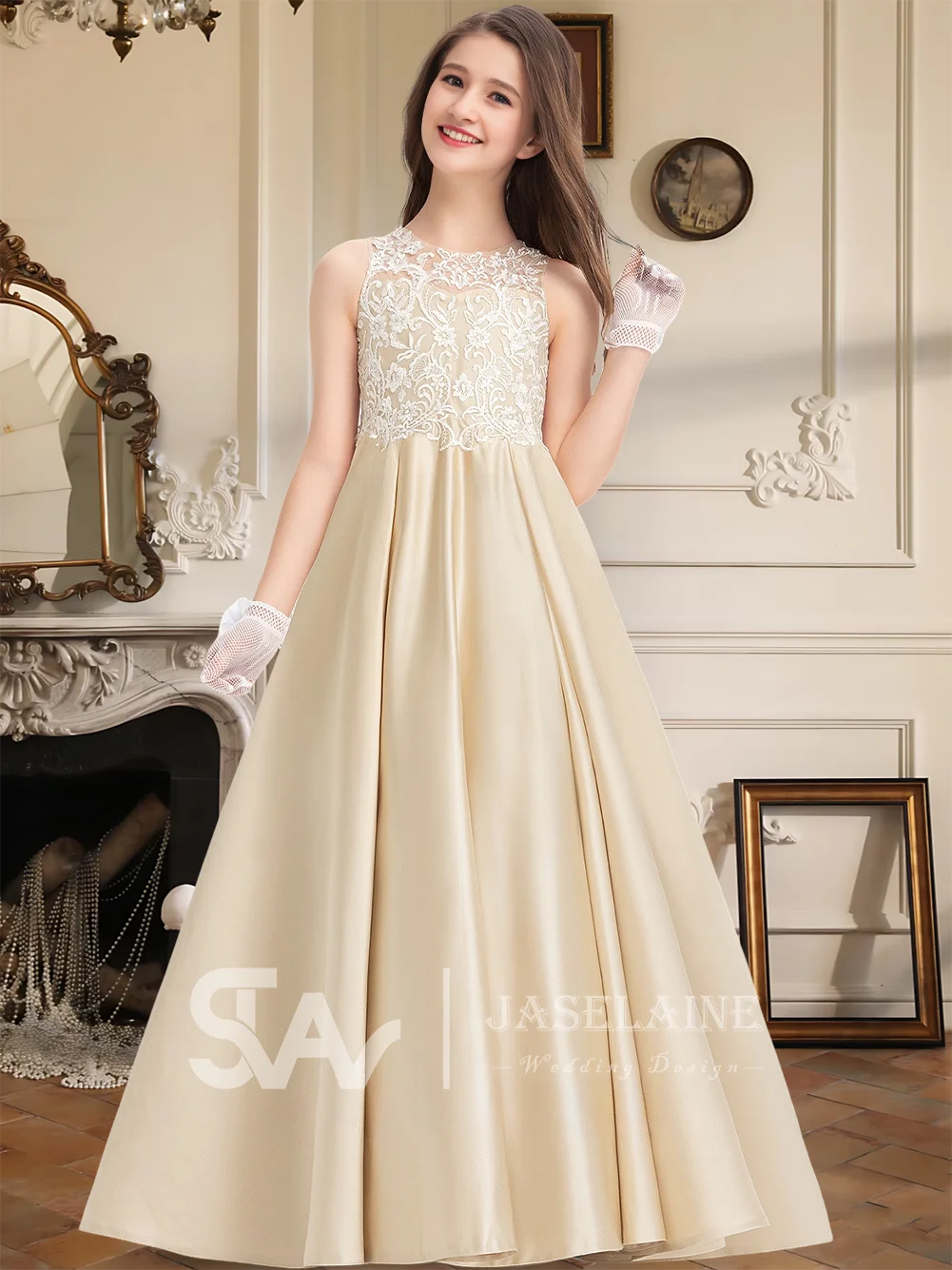 

QA Kids Child Ball Gown Princess Scoop Floor Length Satin Lace Junior Bridesmaid Dress Ivory Flower Girl Wedding Party Dress