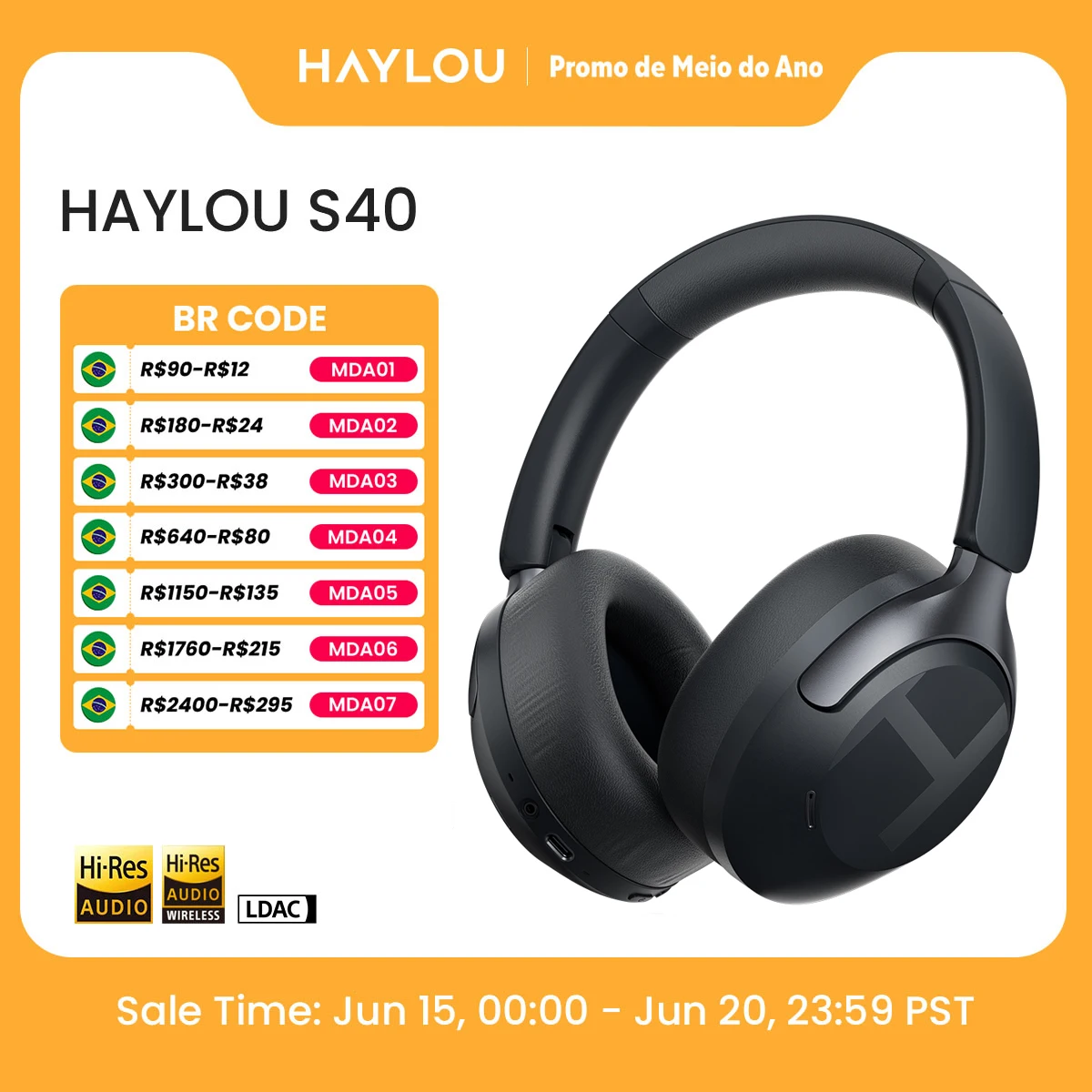 Fone de Ouvido Sem Fio HAYLOU S40 ANC com Cancelamento de Ruído de 50dB, Áudio Espacial 3D de Alta Resolução, Fone de Ouvido Bluetooth 6.0 Over Ear