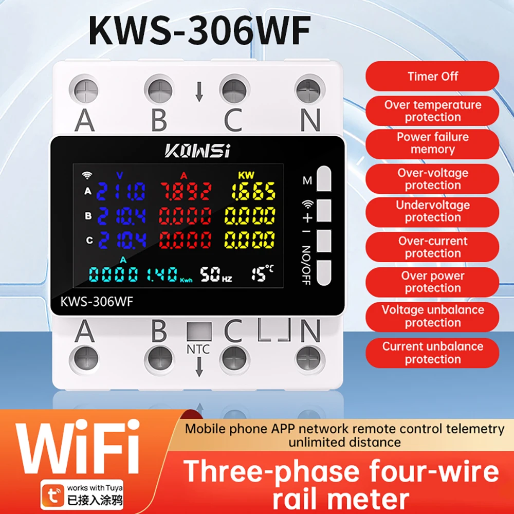 Medidor de Electricidad Multifuncional KWS-306 para Montaje en Riel: AC85–290V 80A, Medidor de Voltaje, Corriente y Potencia Trifásico de Cuatro Cables