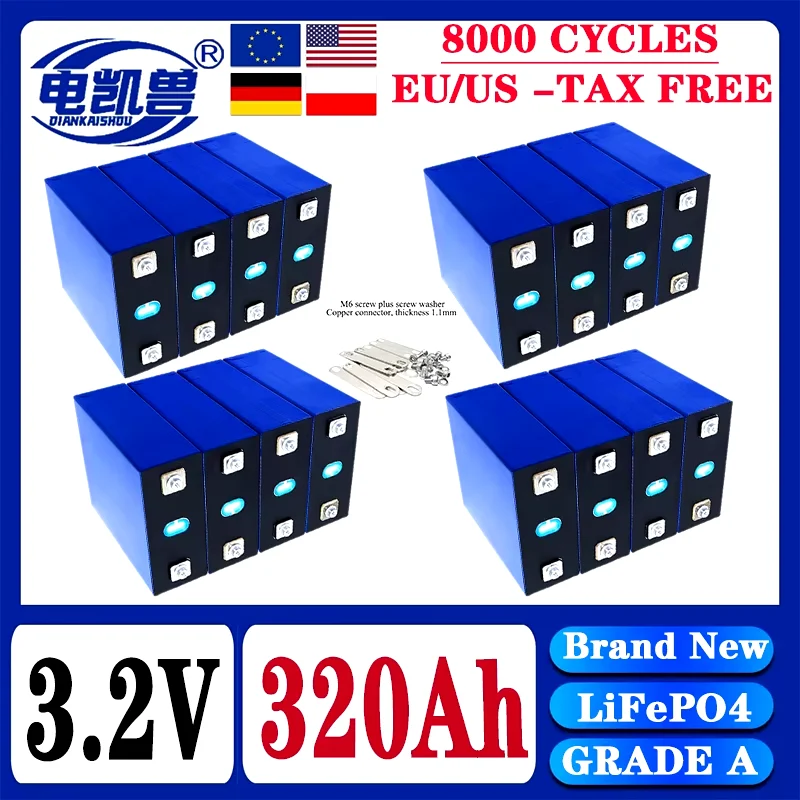 

32PCS 320Ah 8000 cycle LiFePO4 3.2V rechargeable battery, suitable for DIY 12V 24V 48V caravan marine solar energy system no tax