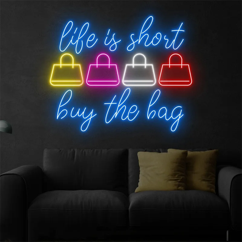 Hidup adalah pendek membeli tas tanda Neon, tas butik tanda Led, tanda Neon kustom, dekorasi belanja mode, seni dinding toko tas